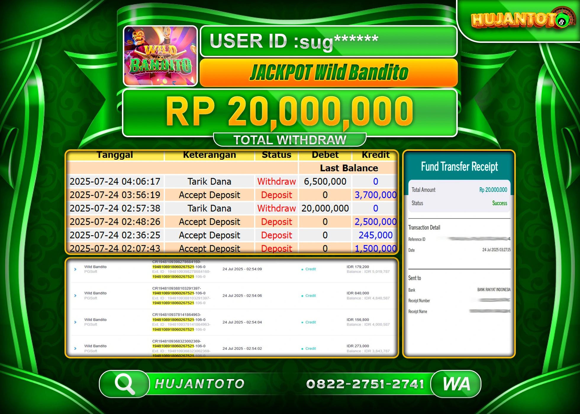 HUJANTOTO - BUKTI JACKPOT MENANG SLOT JACKPOT WILD BANDITO Rp.20,000,000 - TERBAYAR LUNAS