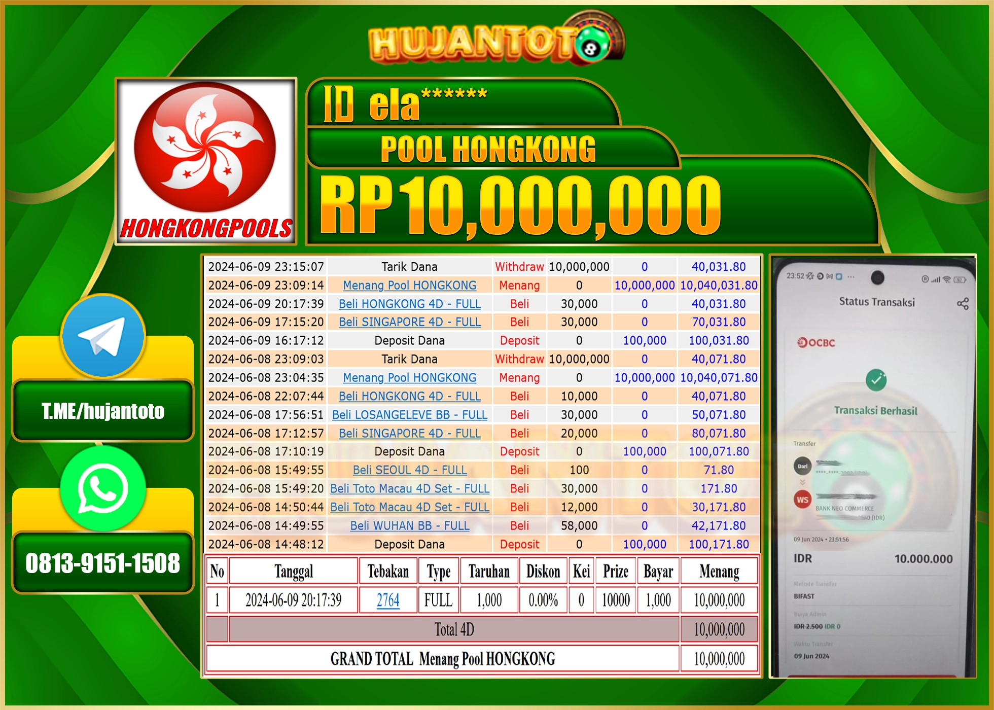HUJANTOTO MENANG DI HONGKONG POOLS 10.000.000 - LUNAS 