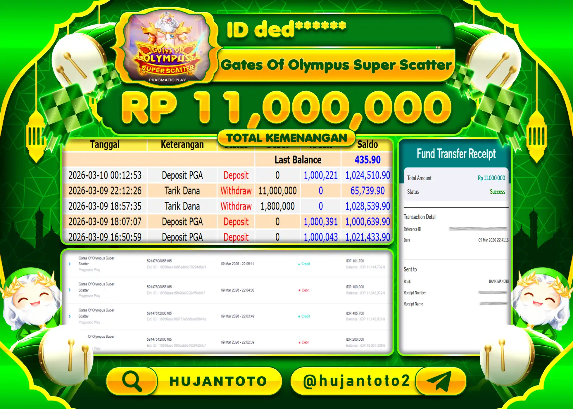 HUJANTOTO - BUKTI JACKPOT MENANG SLOT GATES OF OLYMPUS SUPER SCATTER Rp.11,000,000 - TERBAYAR LUNAS