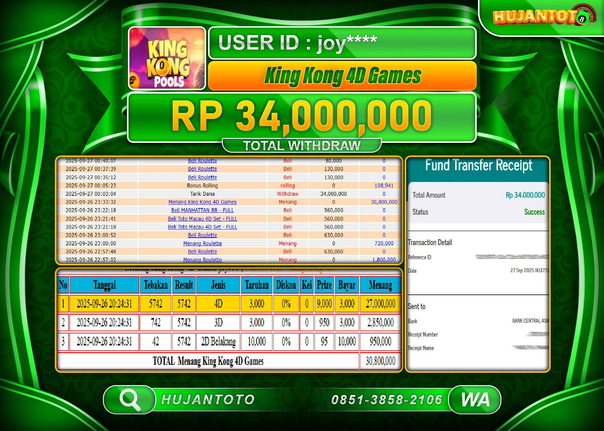 HUJANTOTO - BUKTI JACKPOT MENANG TOGEL KINGKONG 4D SEBESAR Rp.34,000,000 - TERBAYAR LUNAS