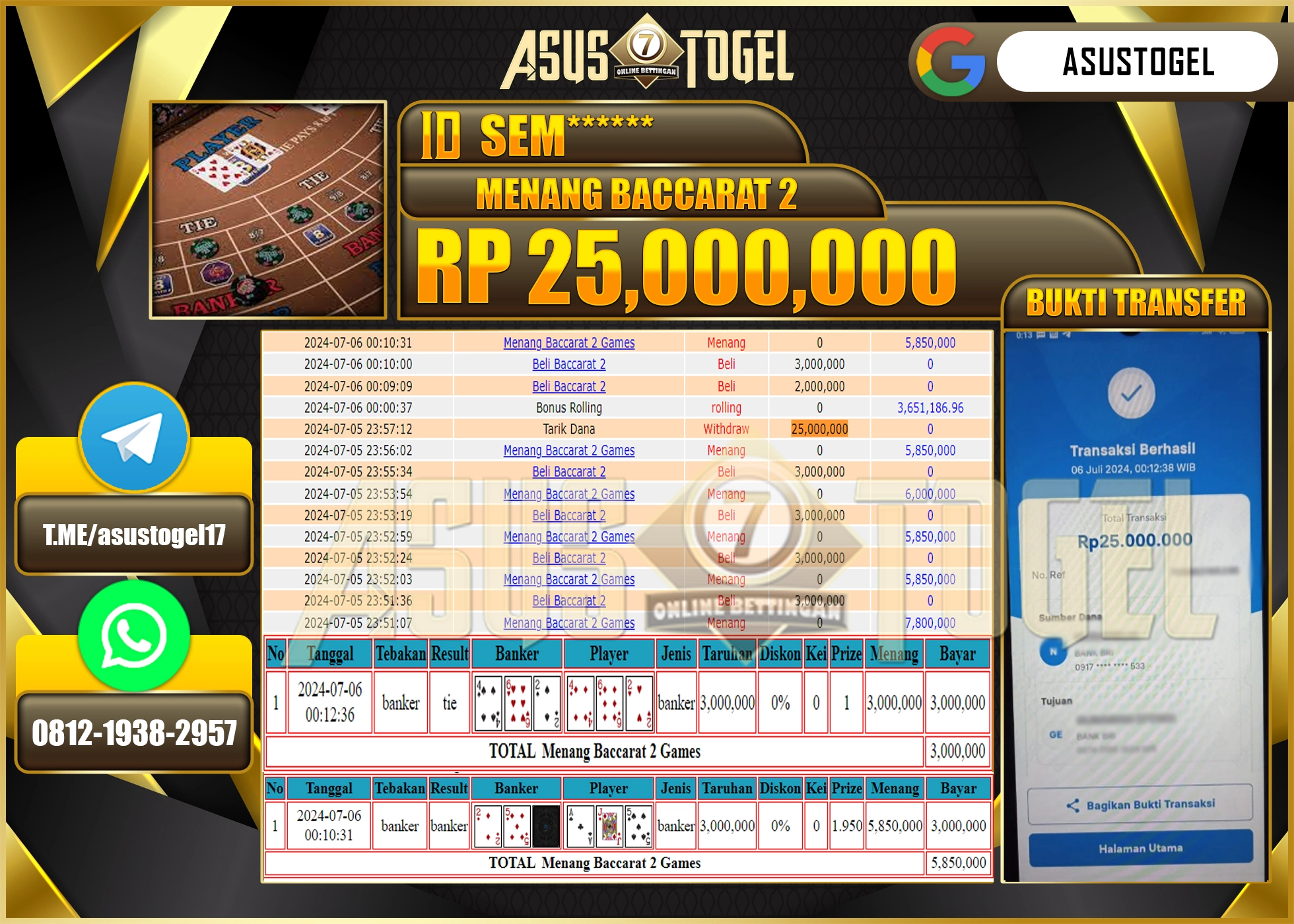 ASUSTOGEL KEMENANGAN DI BACCARAT 2 SEBESAR 25,000,000-LUNAS