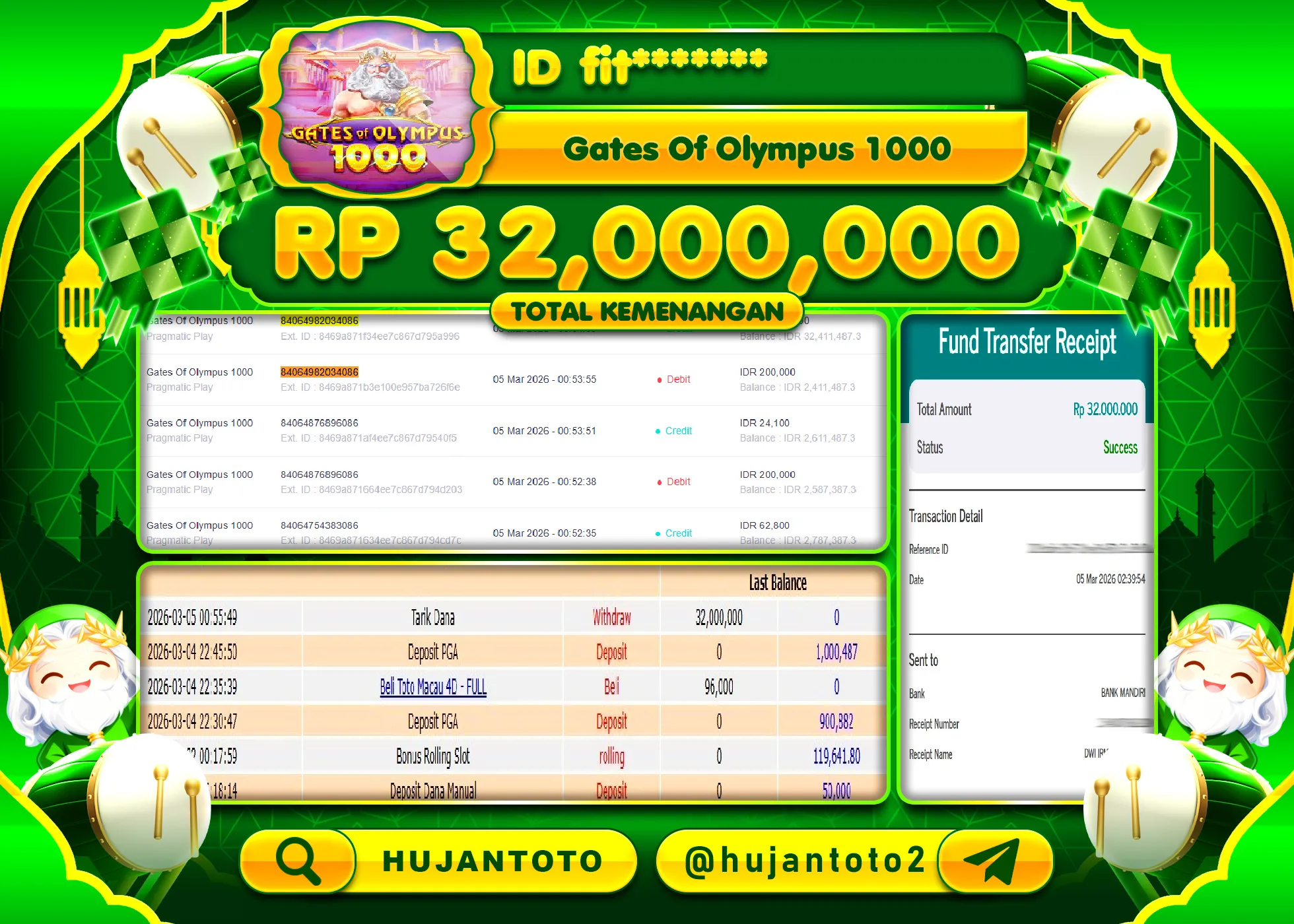 HUJANTOTO - BUKTI JACKPOT MENANG SLOT GATES OF OLYMPUS 1000 Rp.32,000,000 - TERBAYAR LUNAS