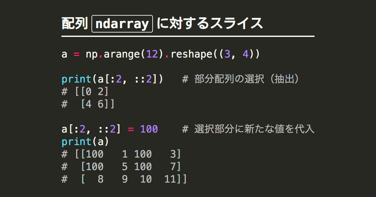 Numpy配列ndarrayのスライスによる部分配列の選択と代入 Note Nkmk Me