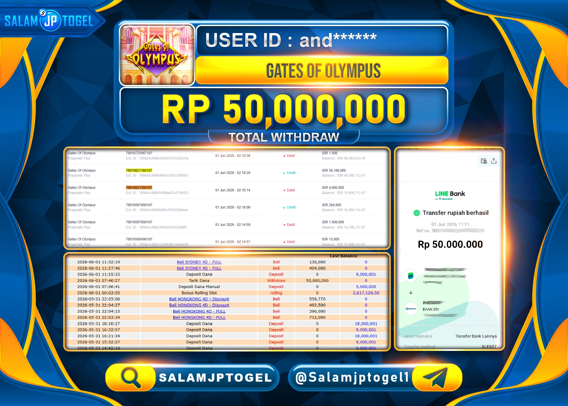 SALAMJPTOGEL JACKPOT MENANG SLOT GATES OF OLYMPUS Rp.50,000,000 - LUNAS
