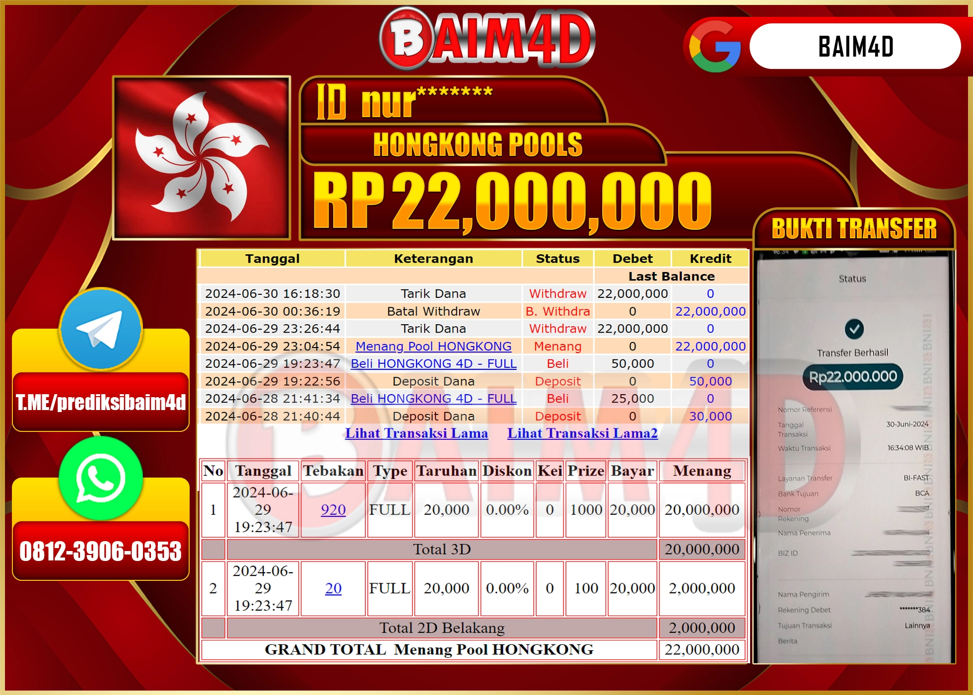 BAIM4D JACKPOT HONGKONG POOLS Rp.22,000,000.- LUNAS