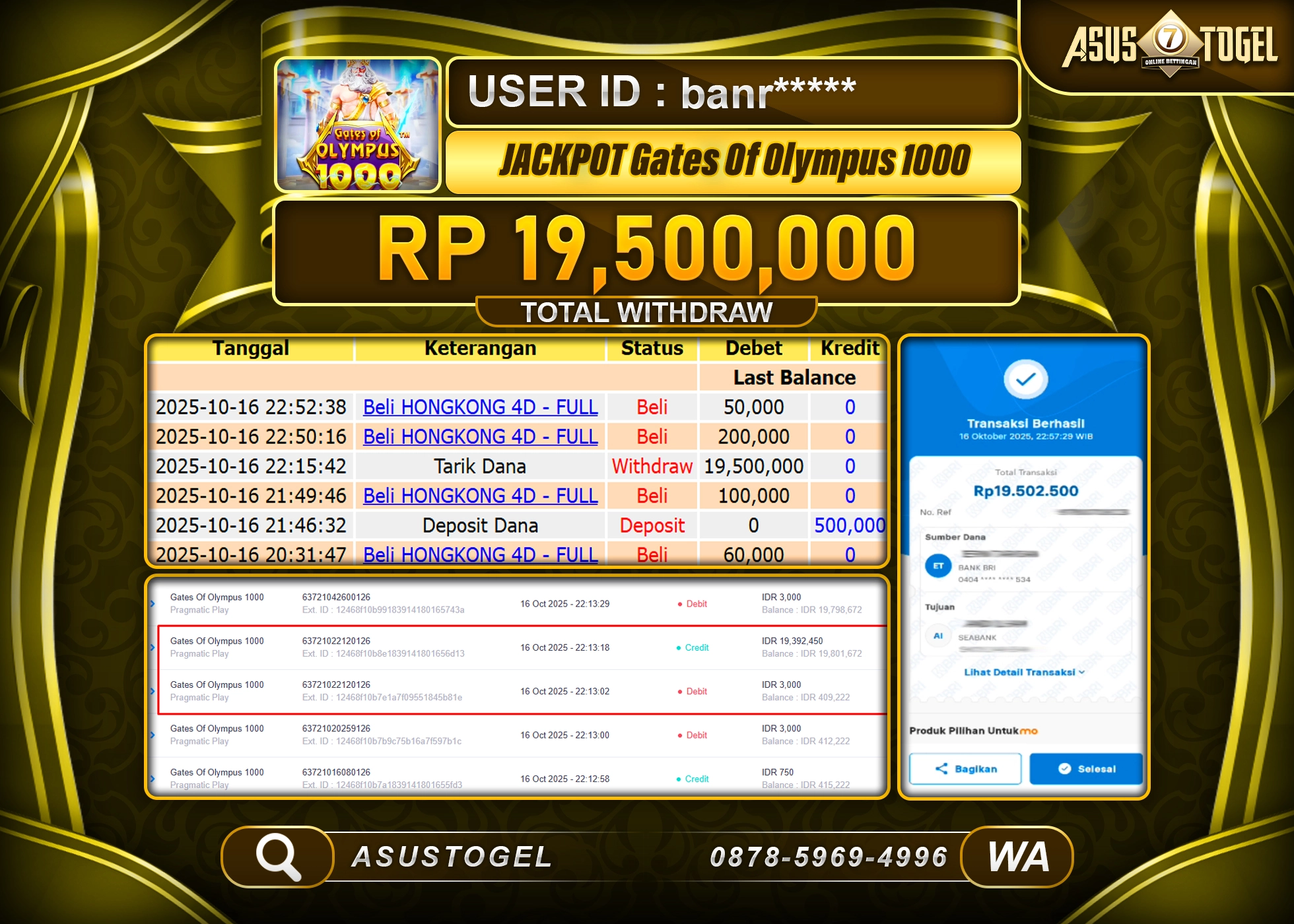 ASUSTOGEL KEMENANGAN DI SLOT GATES OF OLYMPUS 1000 SEBESAR 19,500,000- RUPIAH LUNAS