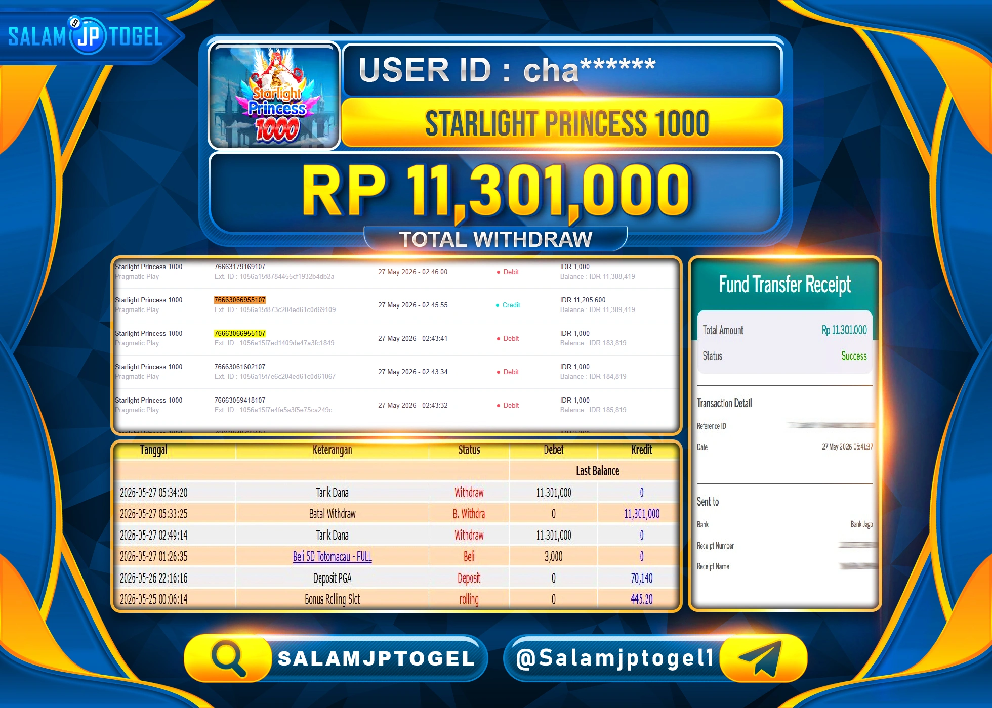 SALAMJPTOGEL JACKPOT MENANG SLOT STARLIGHT PRINCESS 1000 Rp.11,301,000 - LUNAS