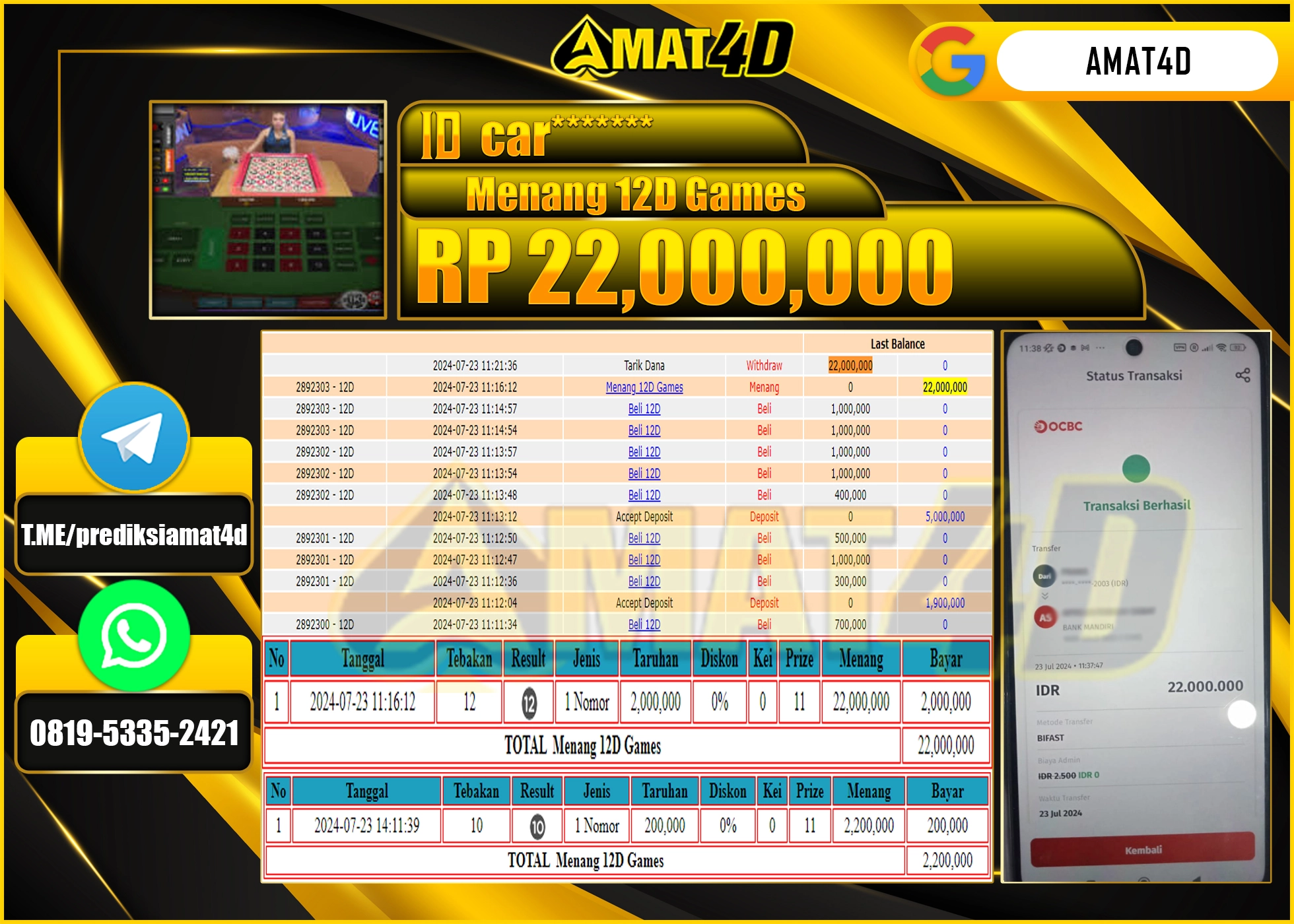 AMAT4D JACKPOT LIVE KASINO 12D GAMES Rp.22.000.000 BERHASIL DI BAYAR LUNAS