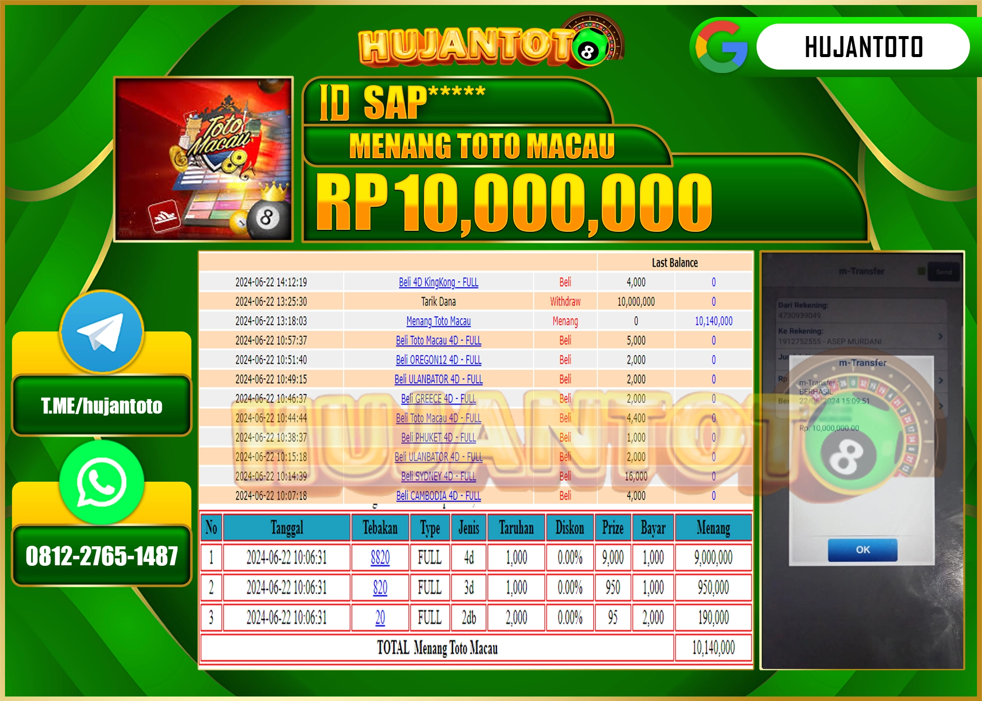 HUJANTOTO MENANG TOGEL TOTOMACAU WD 10,000,000 - LUNAS 