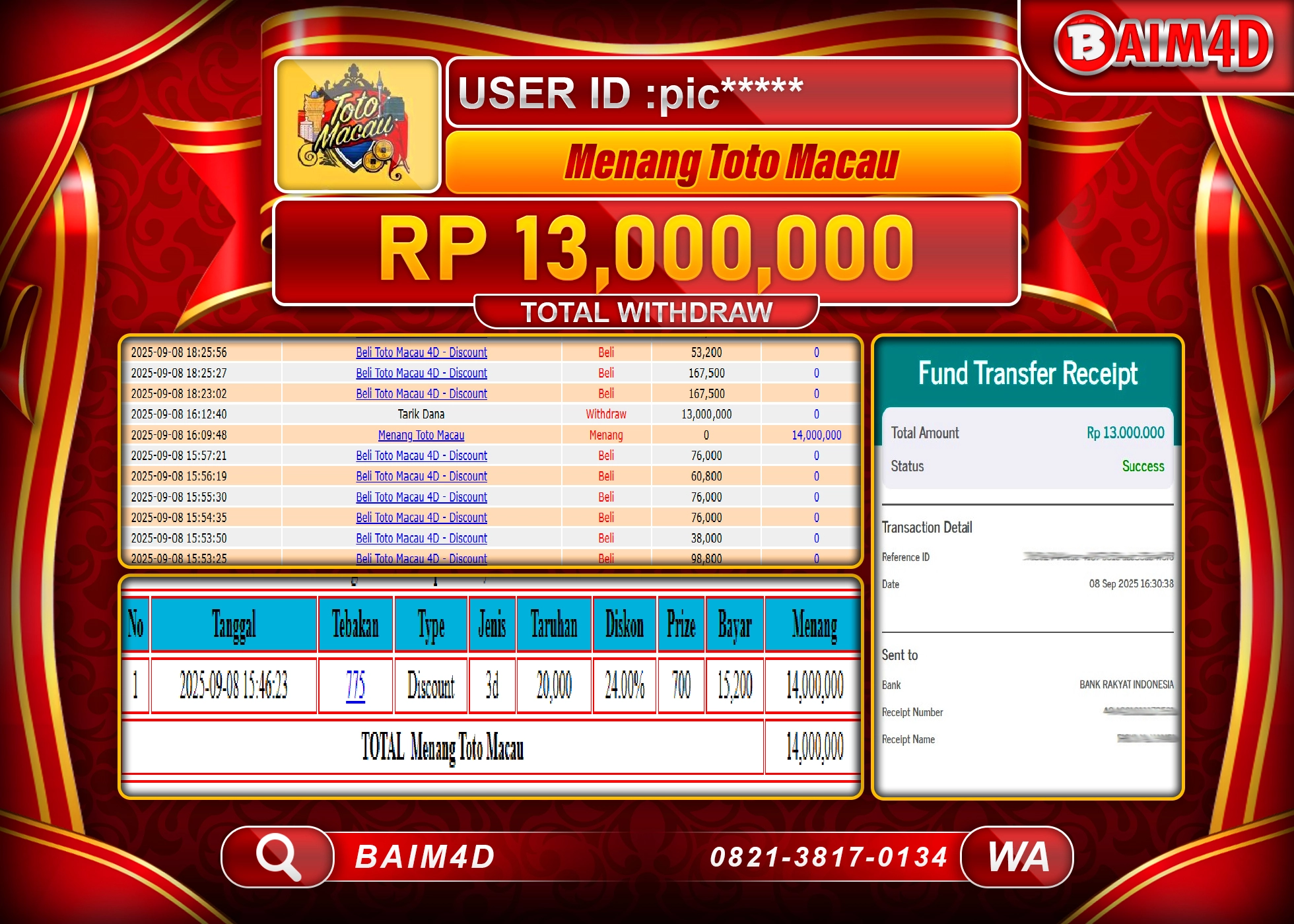 BAIM4D JACKPOT TOGEL TOTO MACAU 4D GAMES Rp.13,000,000.- LUNAS