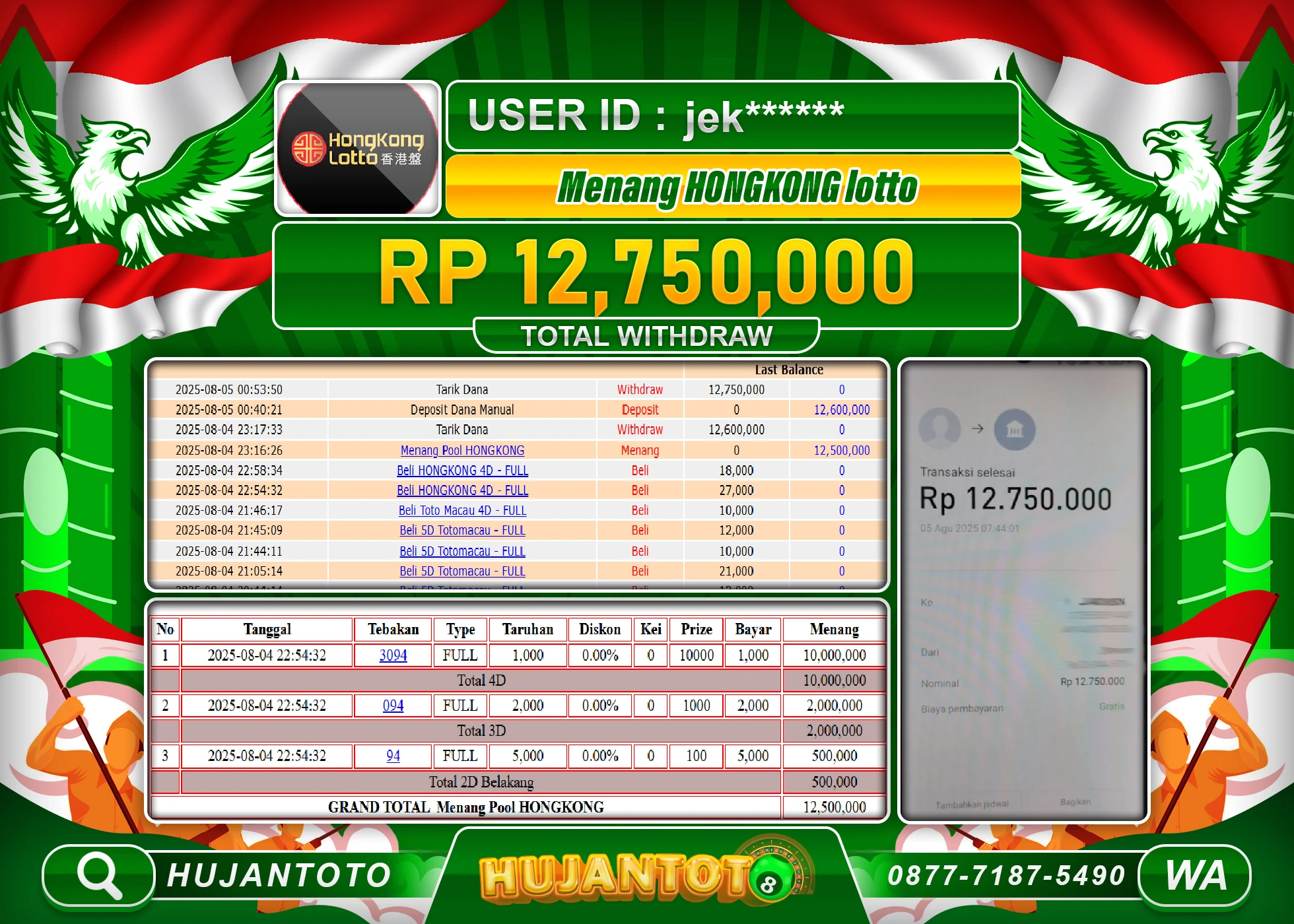 HUJANTOTO - BUKTI JACKPOT MENANG TOGEL HONGKONG LOTTO Rp.12,750,000 - TERBAYAR LUNAS