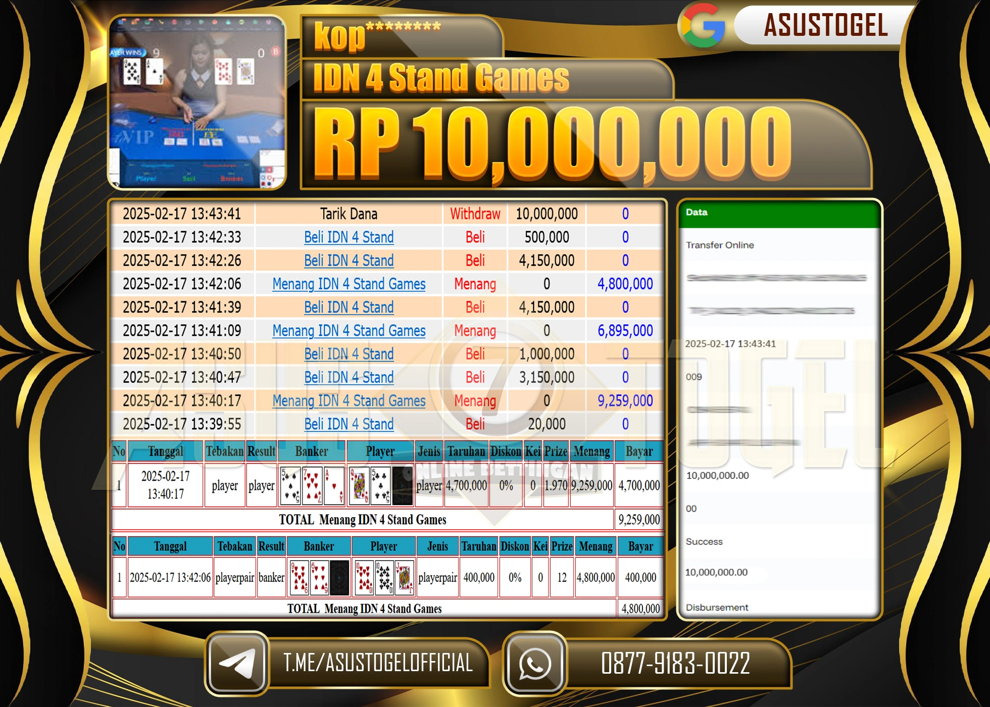 ASUSTOGEL KEMENANGAN DI IDN 4 STAND GAMES SEBESAR 10,000,000 - RUPIAH LUNAS