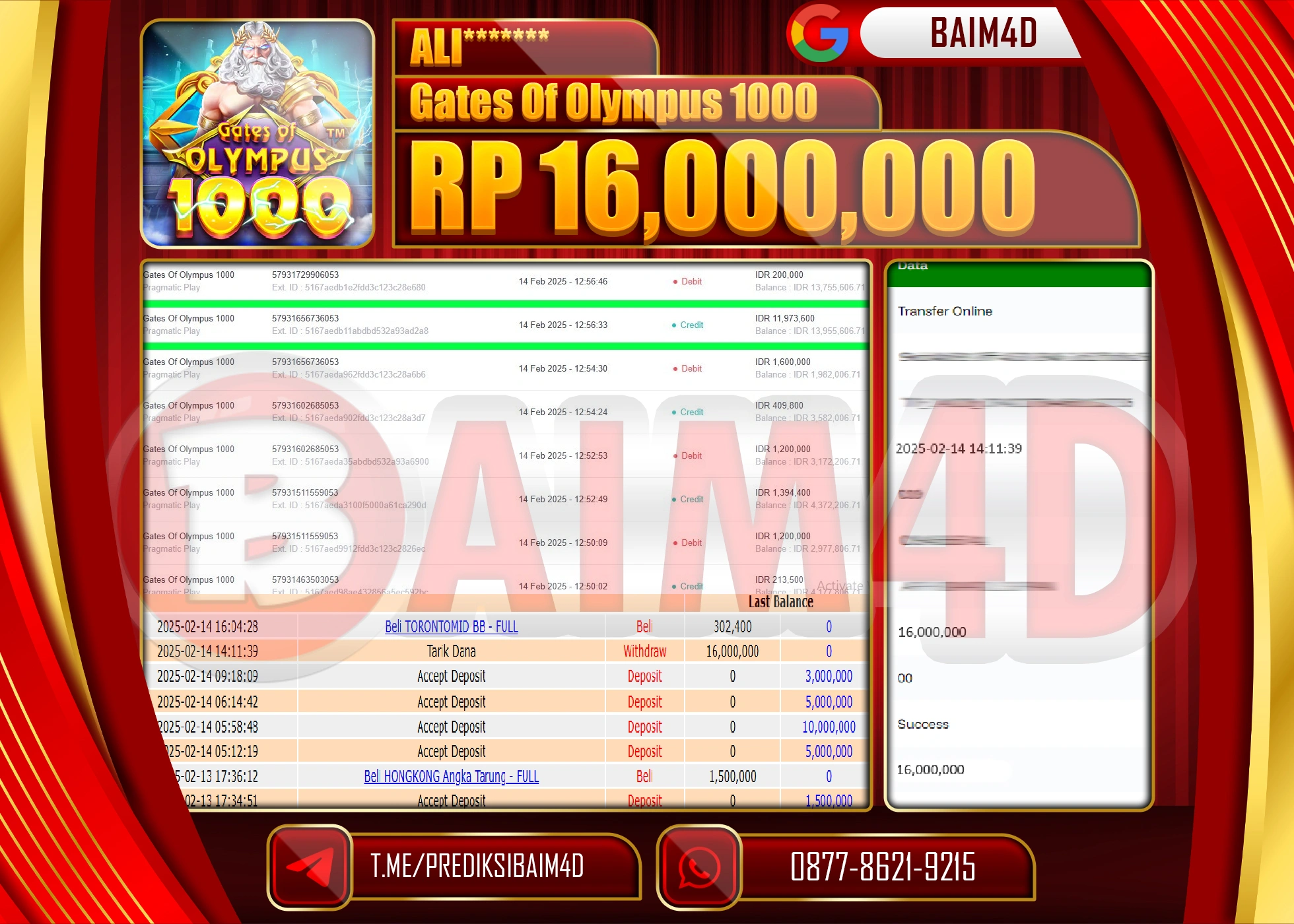 BAIM4D MENANG JACKPOT GATES OF OLYMPUS  Rp.16.000,000.