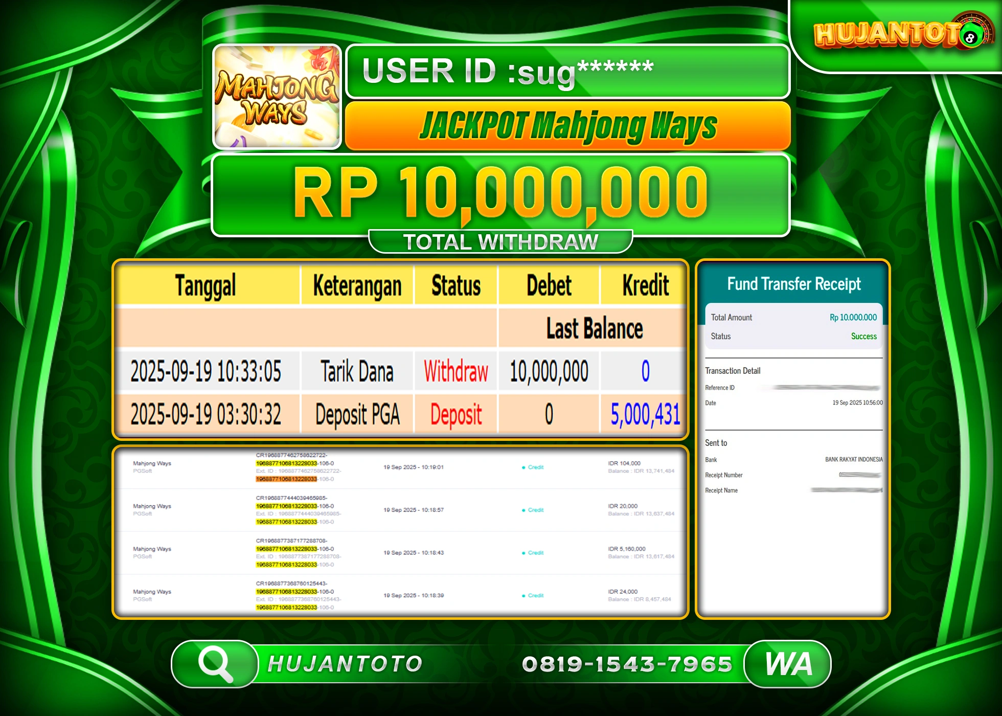 HUJANTOTO - BUKTI JACKPOT MENANG SLOT MAHJONG WAYS PG SOFT Rp.10,000,000 - TERBAYAR LUNAS