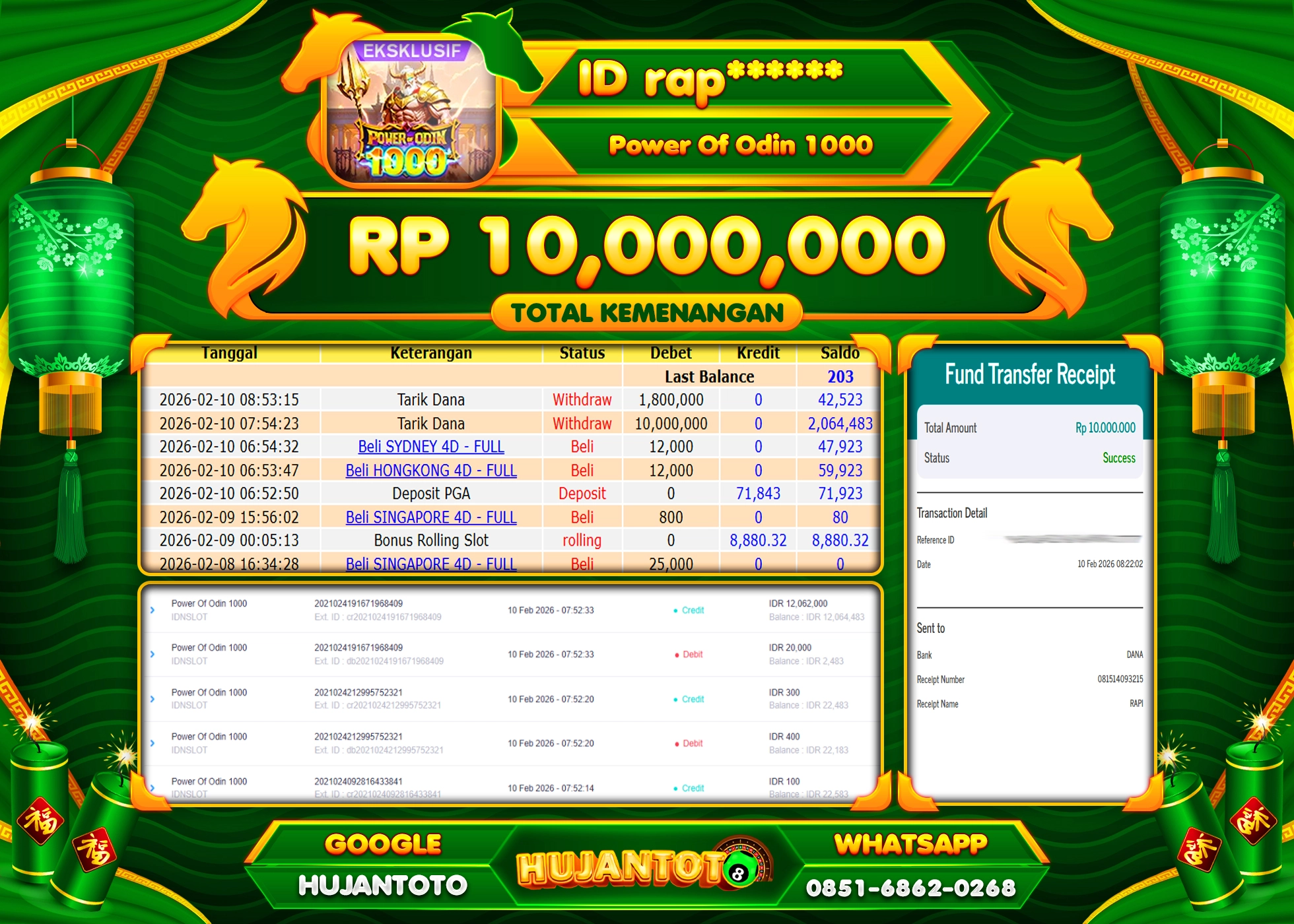 HUJANTOTO - BUKTI JACKPOT MENANG SLOT POWER OF ODIN 1000 Rp.10,000,000 - TERBAYAR LUNAS