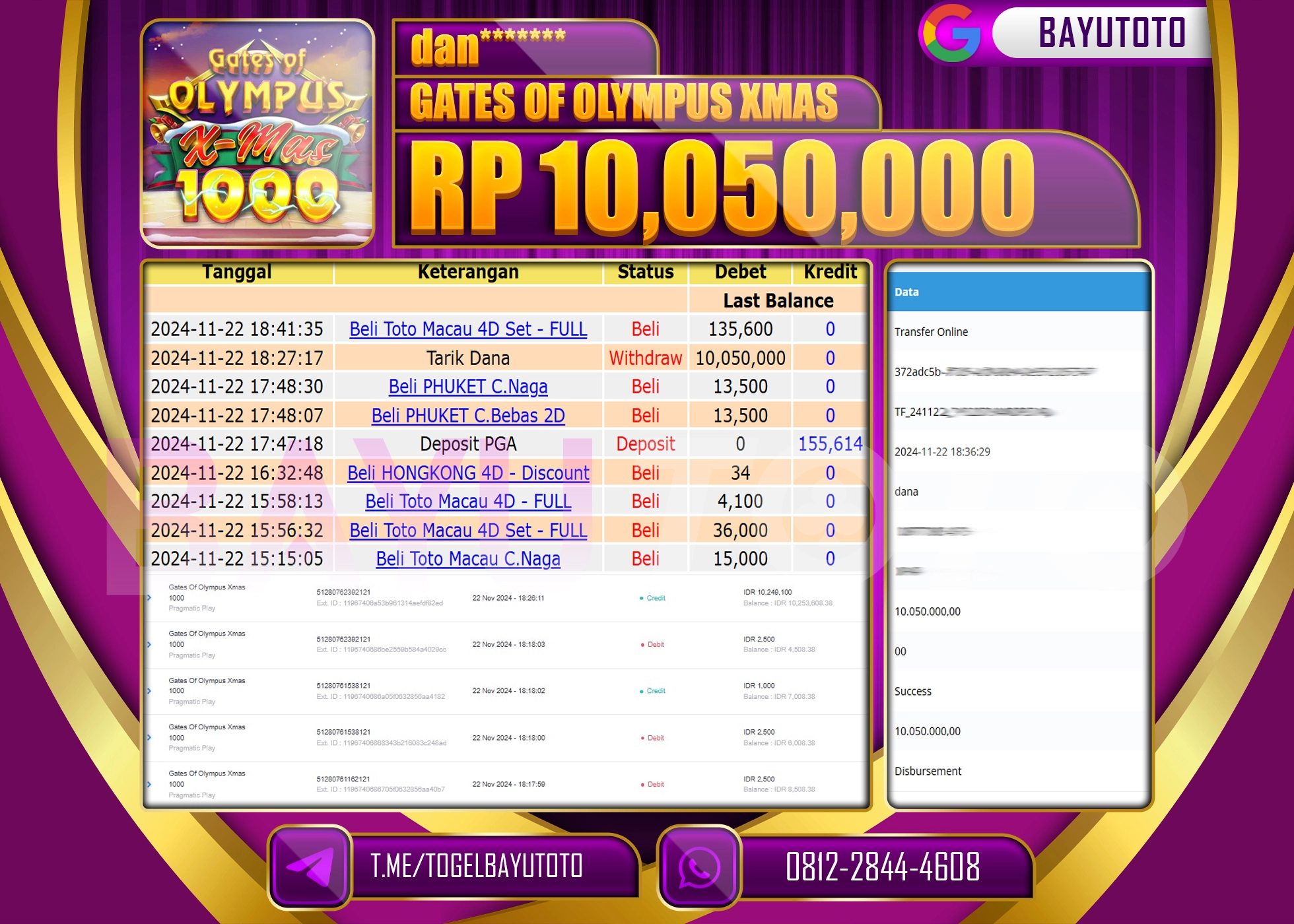 BAYUTOTO JACKPOT  GATES OF OLYMPUS XMAS 1000 Rp.10.050.000 LUNAS
