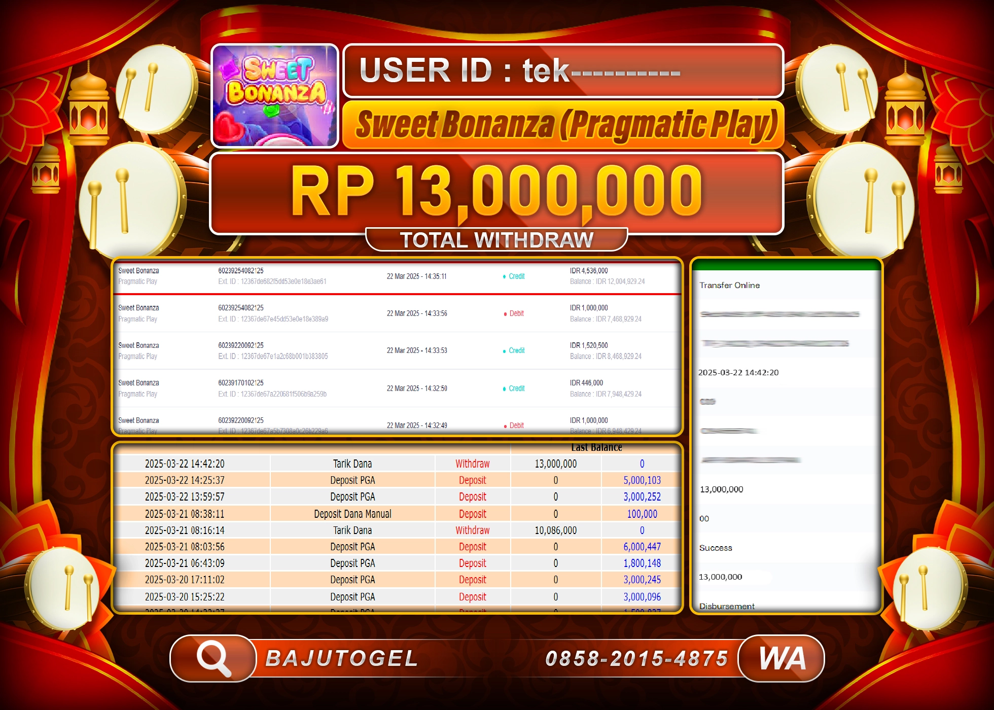BAJUTOGEL KEMENANGAN PP SWEET BONANZA Rp.13.000.000 LUNAS
