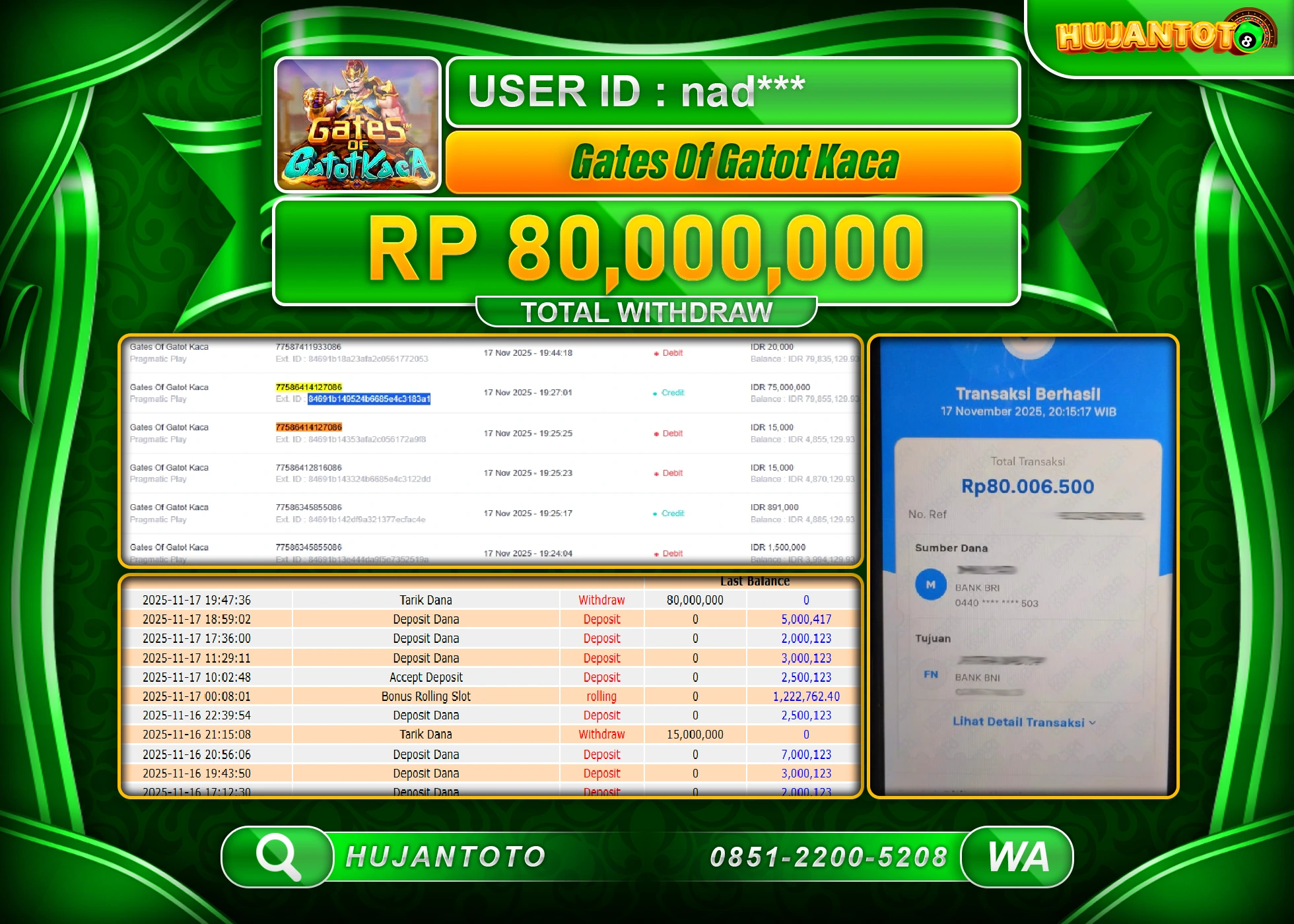 HUJANTOTO - BUKTI JACKPOT MENANG SLOT GATES OF GATOT KACA Rp.80,000,000 - TERBAYAR LUNAS
