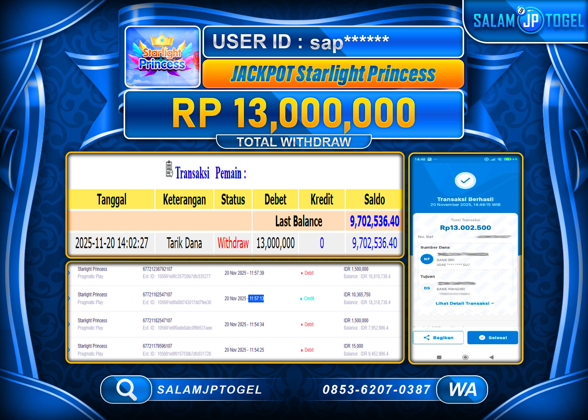 SALAMJPTOGEL MENANG SLOT STARLIGHT PRINCESS Rp.13,000,000  - LUNAS