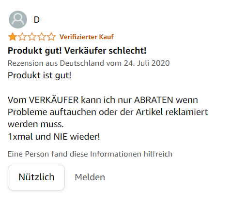 Schlechter Service des Herstellers - Kundenbewertung eines Käufers bei Amazon.de