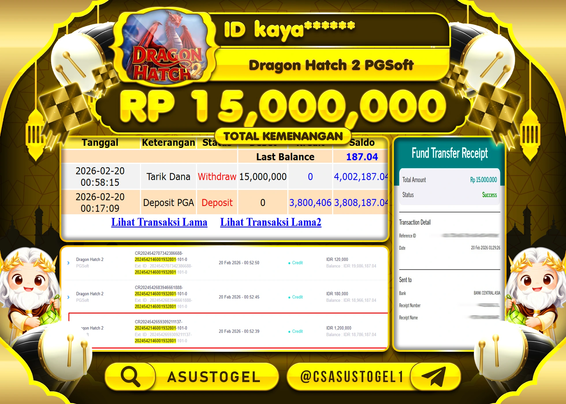 ASUSTOGEL KEMENANGAN DI SLOT DRAGON HATCH 2 PGSOFT SEBESAR 15,000,000 - RUPIAH LUNAS