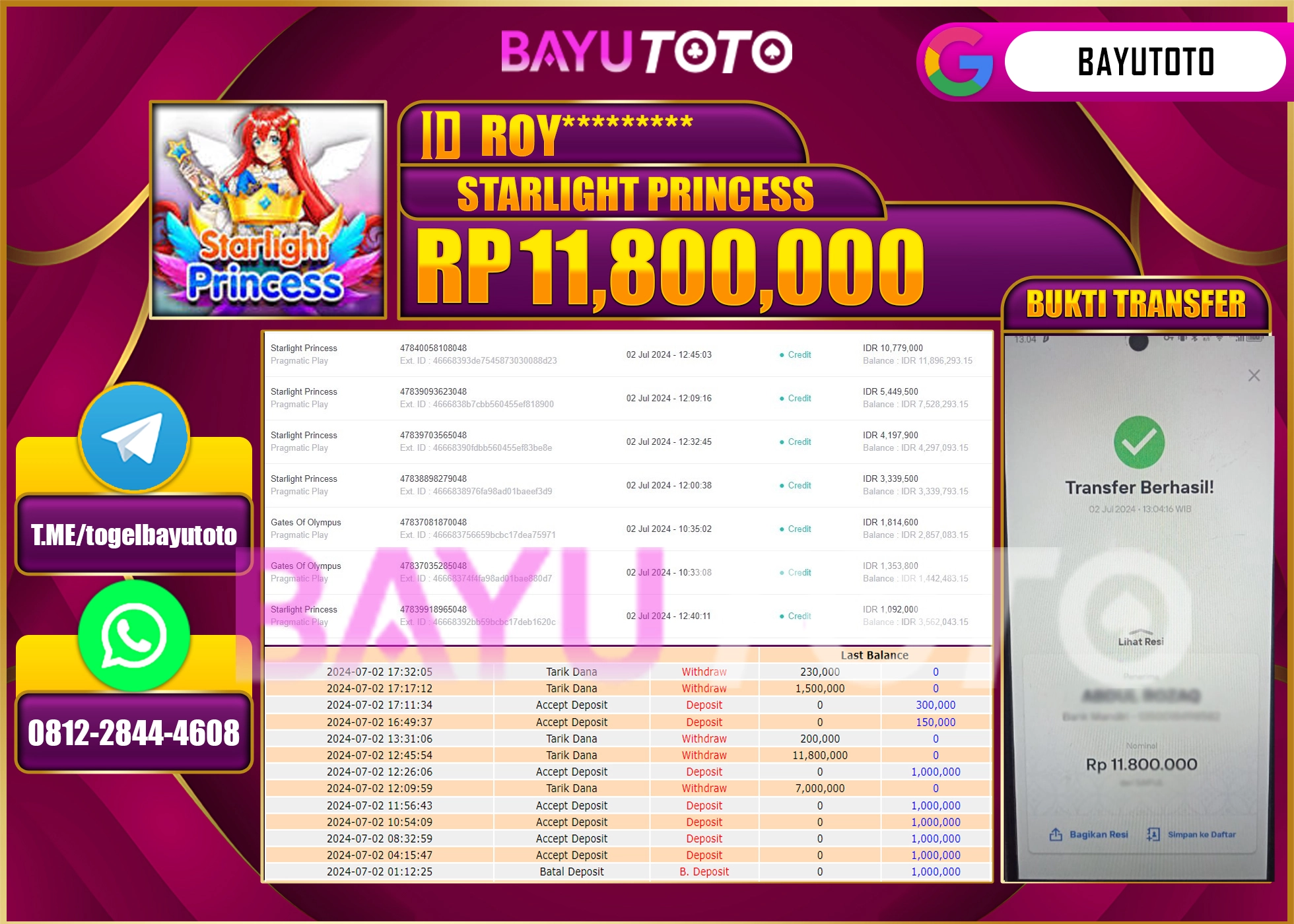BAYUTOTO JACKPOT SLOT GAMES STARLIGHT PRINCESS Rp.11.800.000 LUNAS