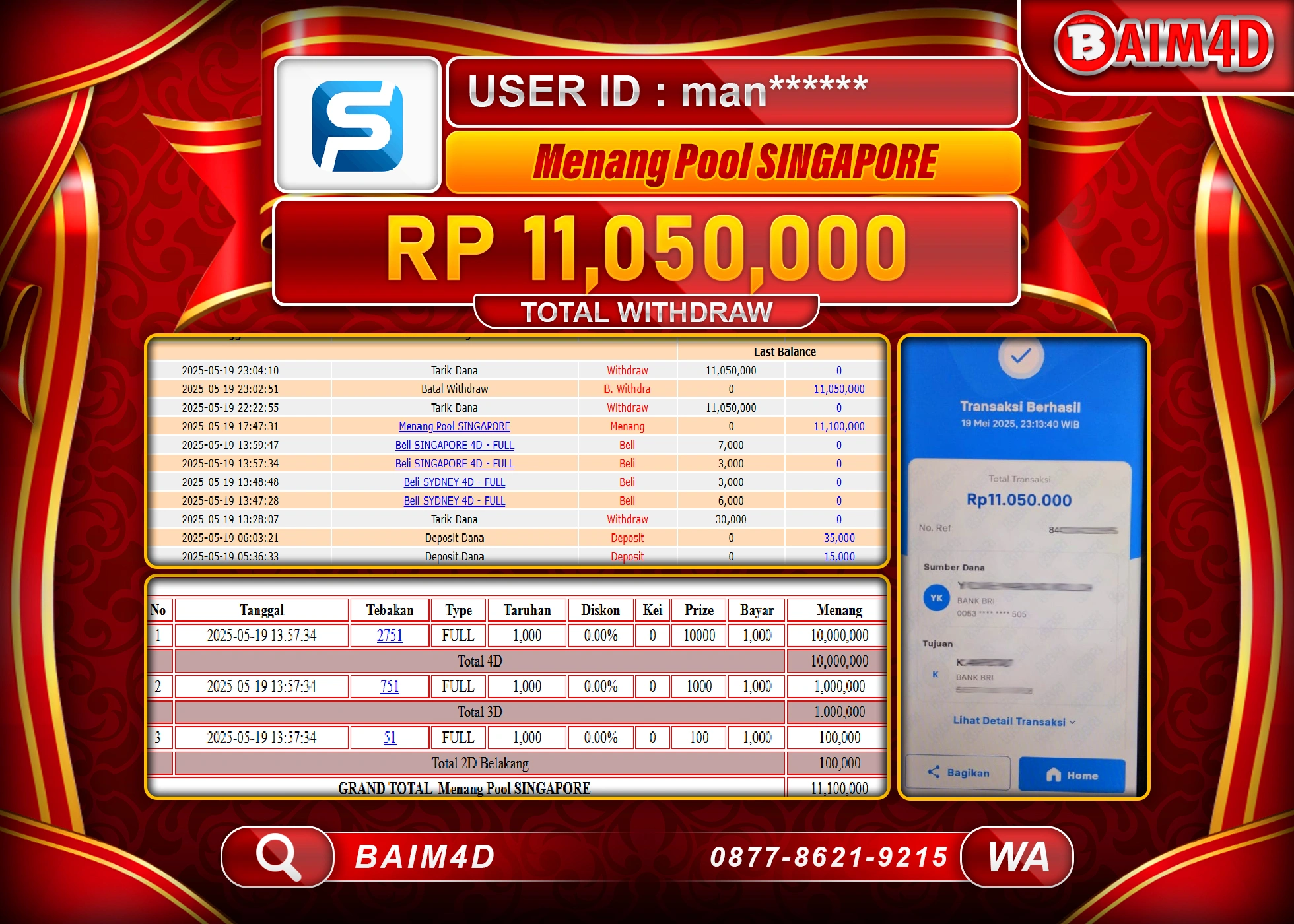 BAIM4D MENANG JACKPOT  SINGAPORE POOLS  Rp11,050,000 - LUNAS