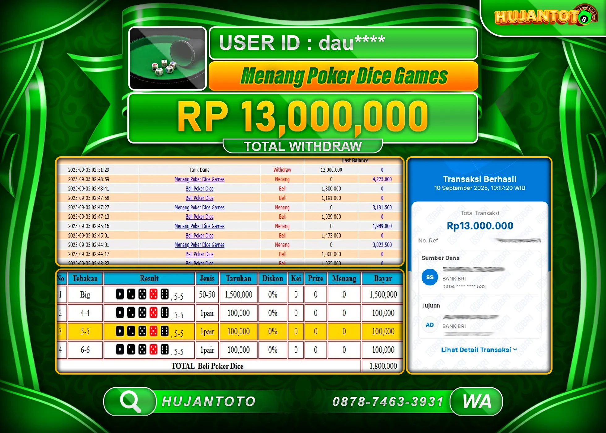 HUJANTOTO - BUKTI JACKPOT MENANG LIVE GAMES POKER DICE GAME Rp.13,000,000 - TERBAYAR LUNAS