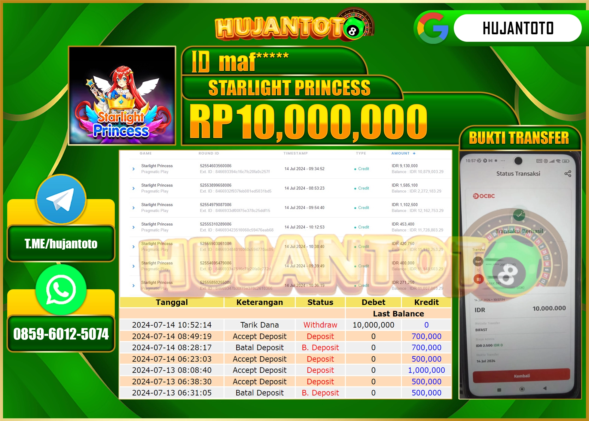 HUJANTOTO MENANG SLOT STARLIGHT PRINCESS 10.000.000 - LUNAS 