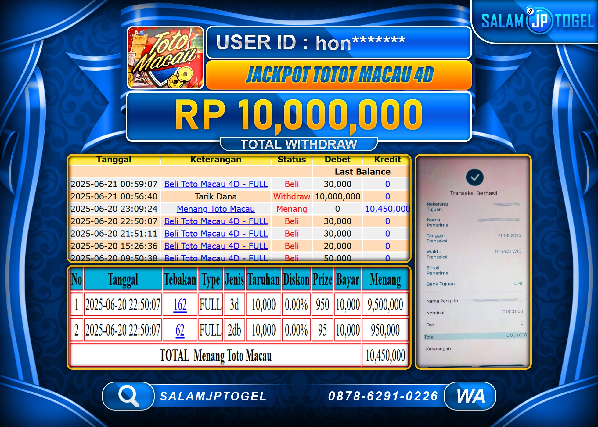 SALAMJPTOGEL MENANG Toto Macau 4D Rp.10,000,000 LUNAS