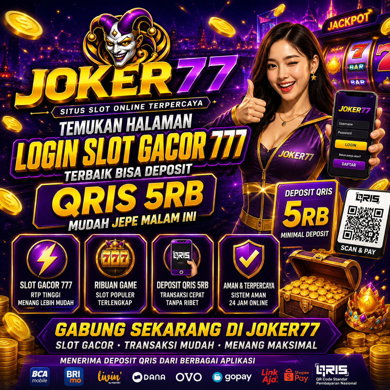JOKER77 : TEMUKAN HALAMAN LOGIN SLOT GACOR 777 TERBAIK BISA DEPOSIT QRIS 5RB MUDAH JEPE MALAM INI