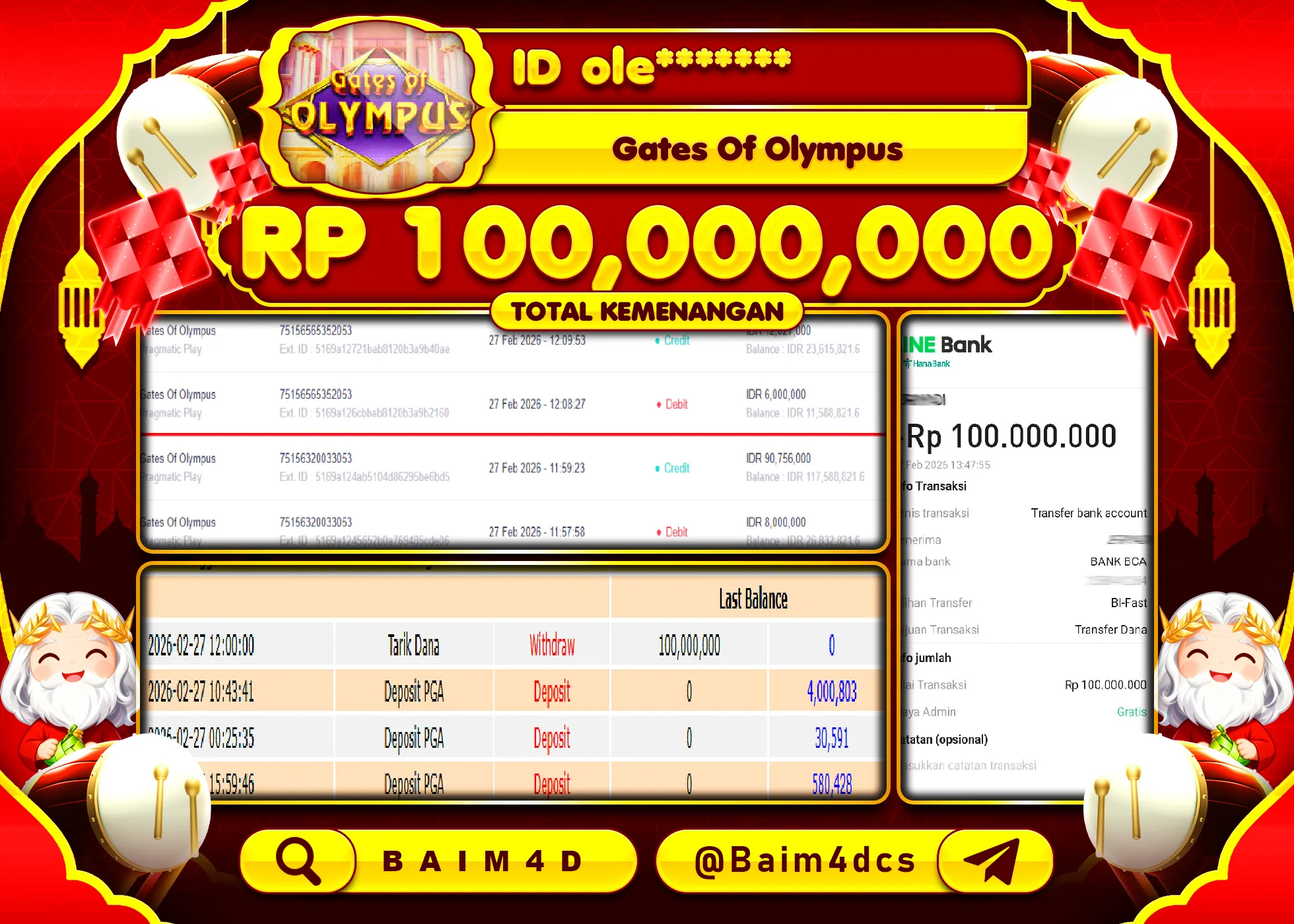 BAIM4D JACKPOT SLOT GATES OF OLYMPUS Rp.100.000.000- LUNAS