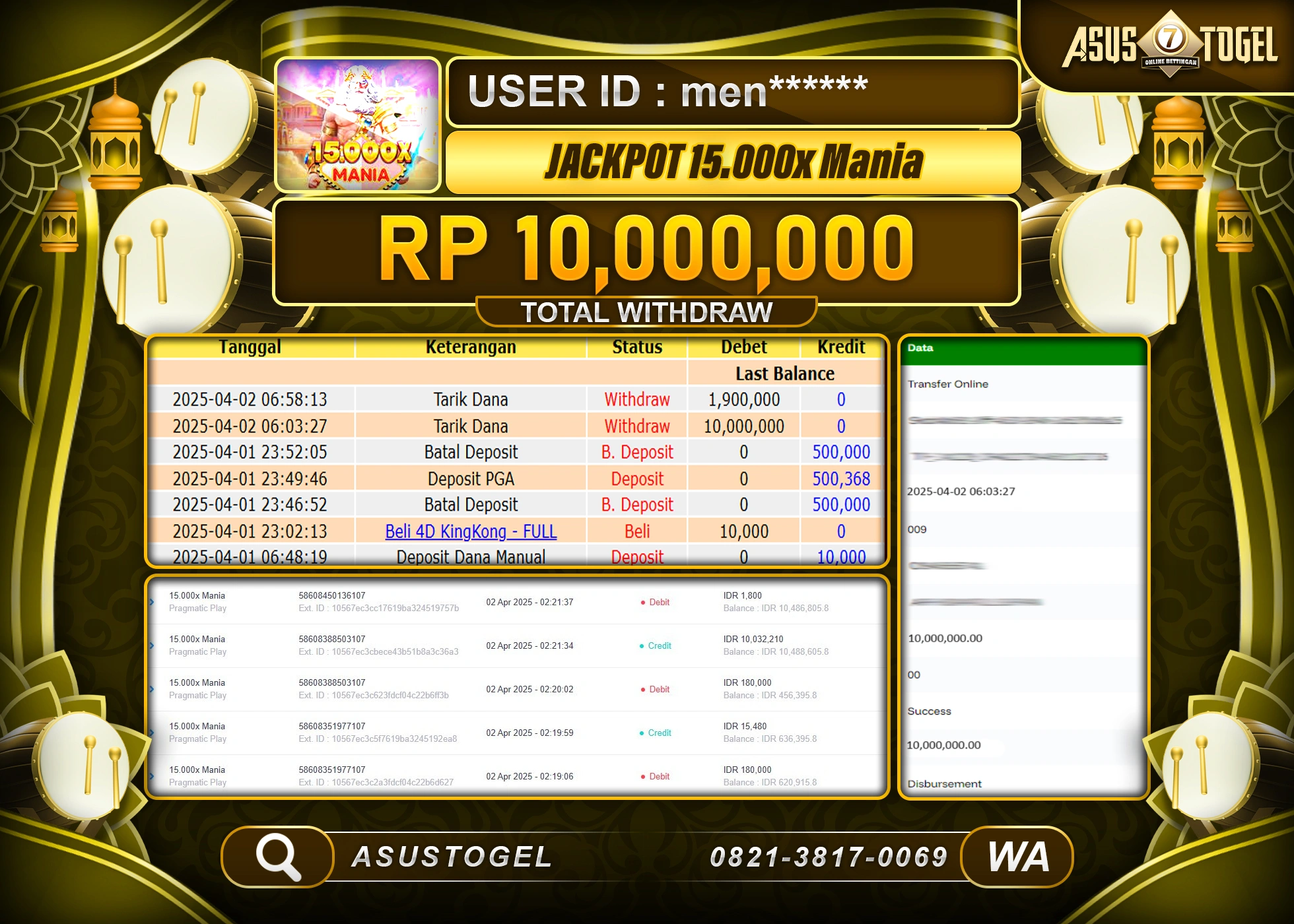 ASUSTOGEL KEMENANGAN DI SLOT 15.000X MANIA GAMES  SEBESAR 10,000,000- RUPIAH LUNAS