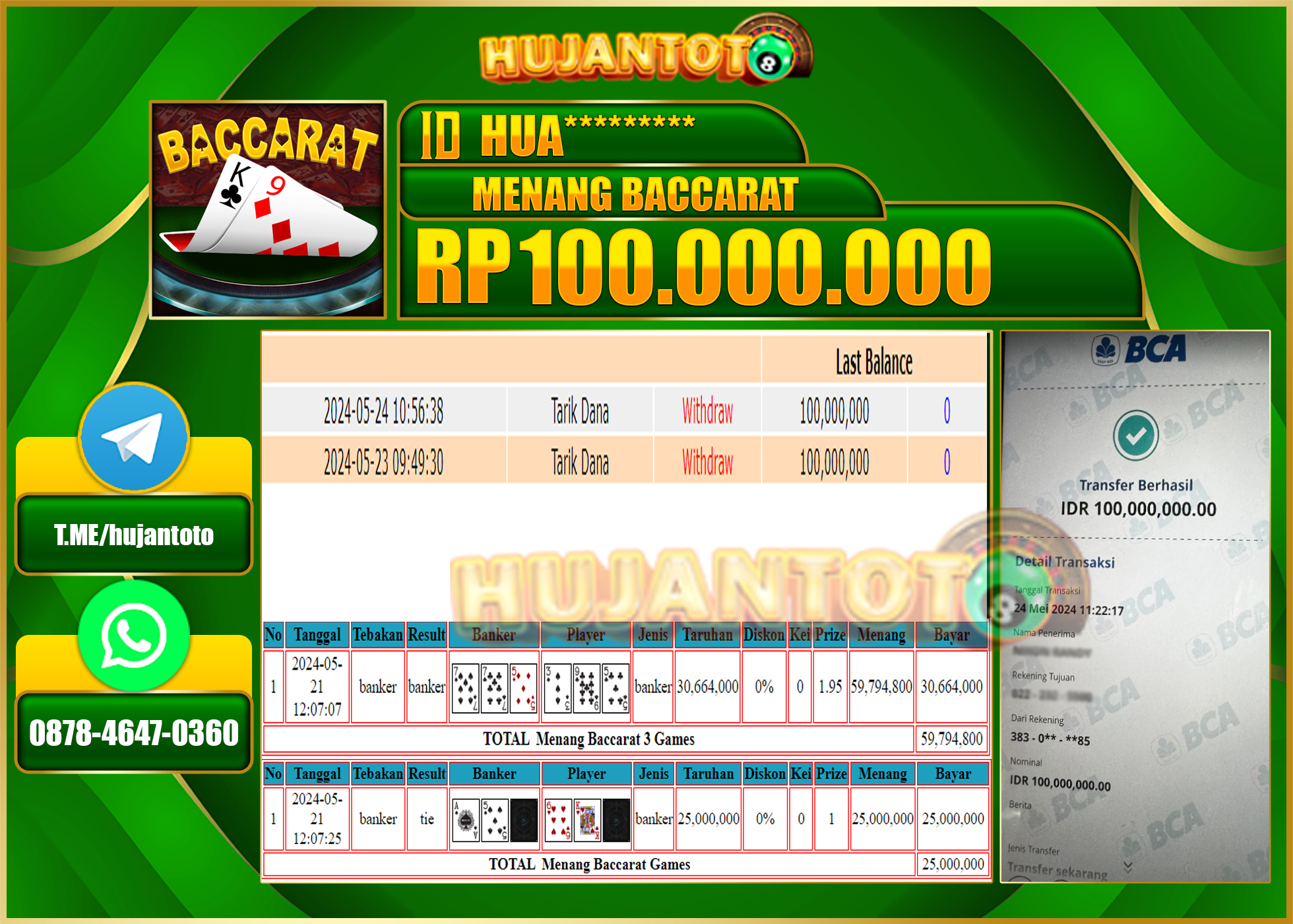 HUJANTOTO MENANG BACCARAT GAMES, 100,000,000 - LUNAS 