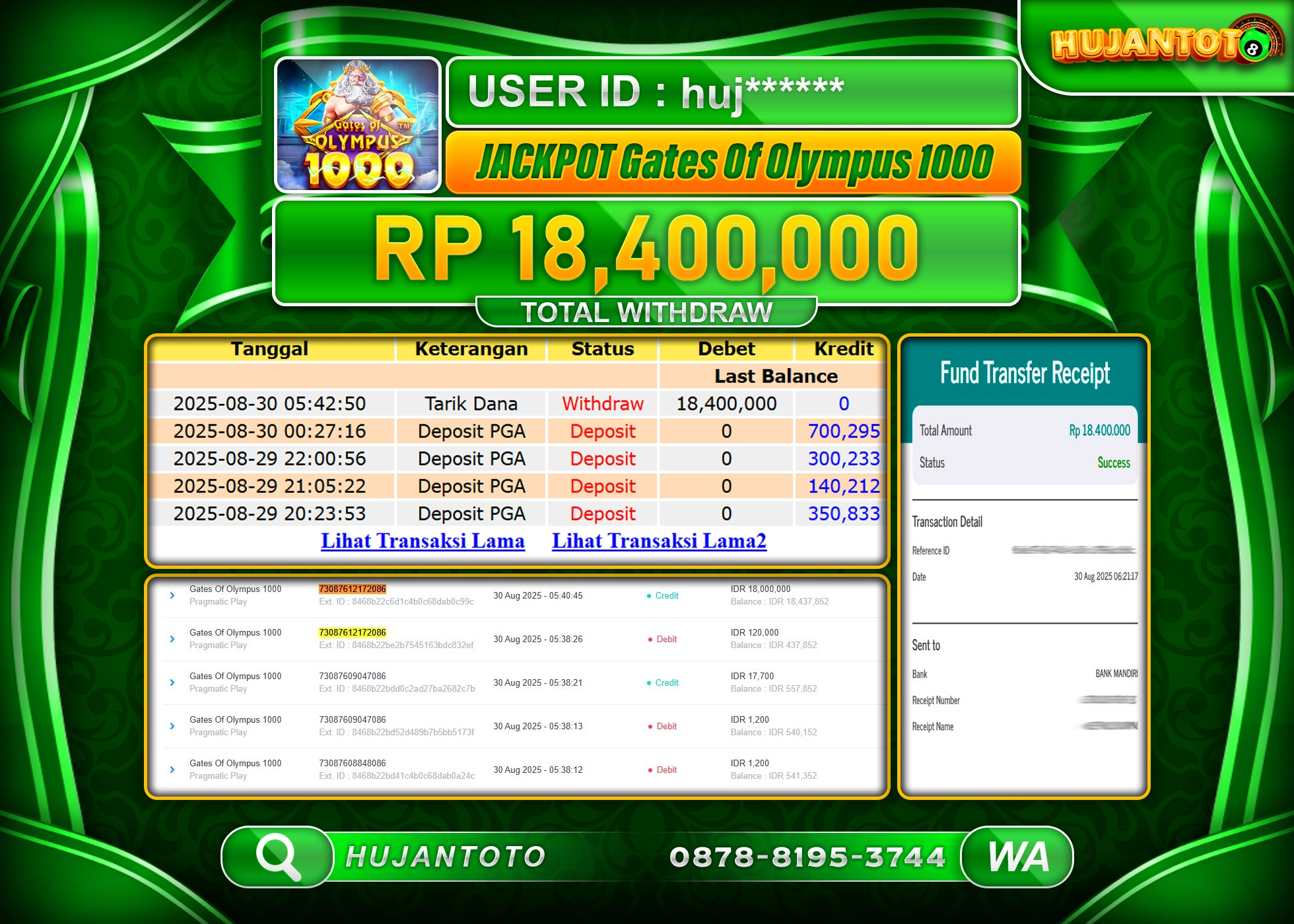 HUJANTOTO - BUKTI JACKPOT MENANG SLOT GATES OF OLYMPUS 1000  Rp.18,400,000 - TERBAYAR LUNAS