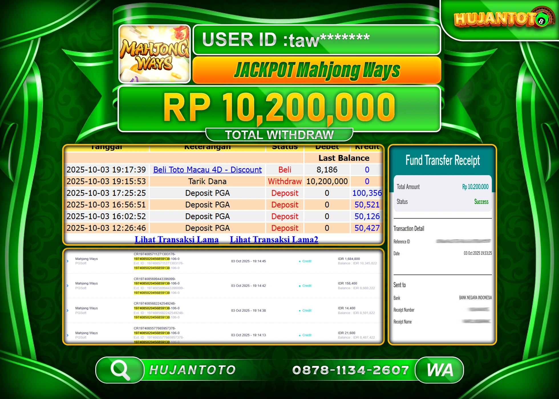 HUJANTOTO - BUKTI JACKPOT MENANG SLOT MAHJONG WAYS Rp.10,200,000 - TERBAYAR LUNAS