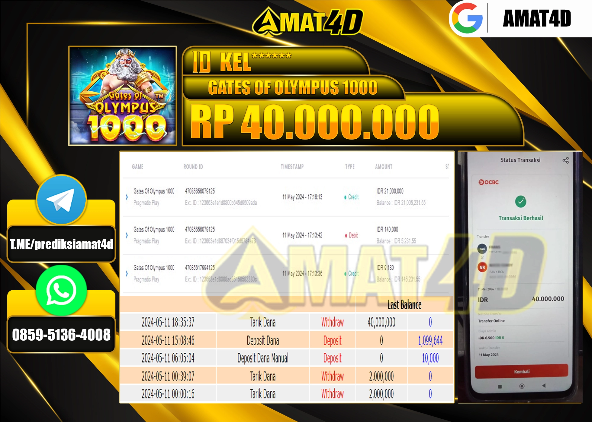 AMAT4D JACKPOT SLOT GATES OF OLYMPUS 1000 Rp.40.000.000 BERHASIL DI BAYAR LUNAS