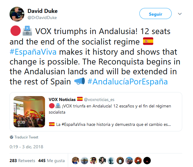 Un exlíder del Ku Klux Klan felicita a Vox por su resultado en Andalucía 7b532b4deeeac72c16fbde4878b9e15f