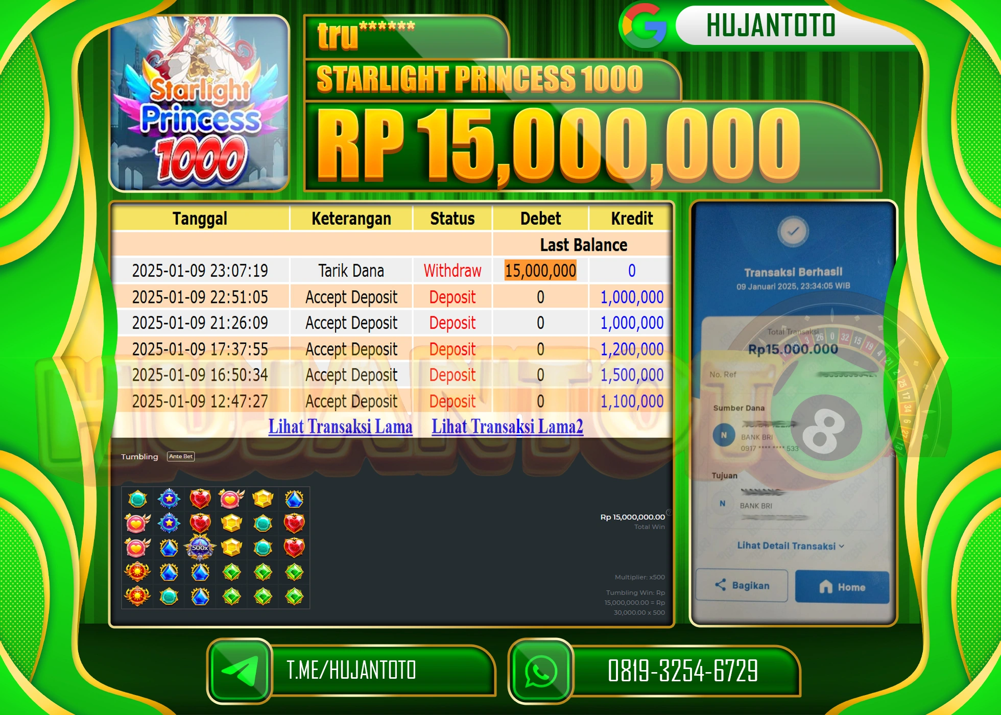 HUJANTOTO - BUKTI JACKPOT DI PERMAINAN SLOT STARLIGHT PRINCESS 1000 Rp.15,000,000,- TERBAYAR LUNAS