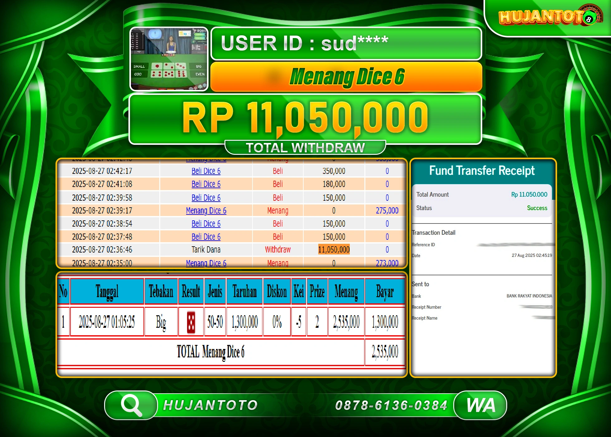 HUJANTOTO - BUKTI JACKPOT MENANG LIVEGAME DICE 6 GAMES Rp.11,050,000  - TERBAYAR LUNAS