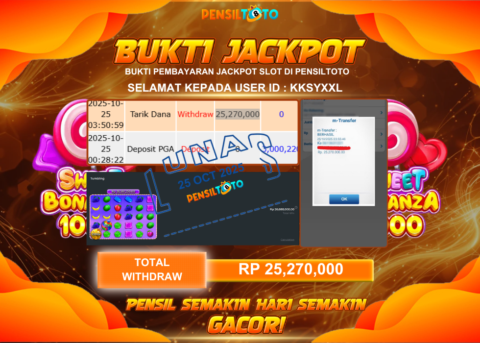 PENSILTOTO JACKPOT SLOT SWEET BONANZA RP.25.270.000,- LUNAS