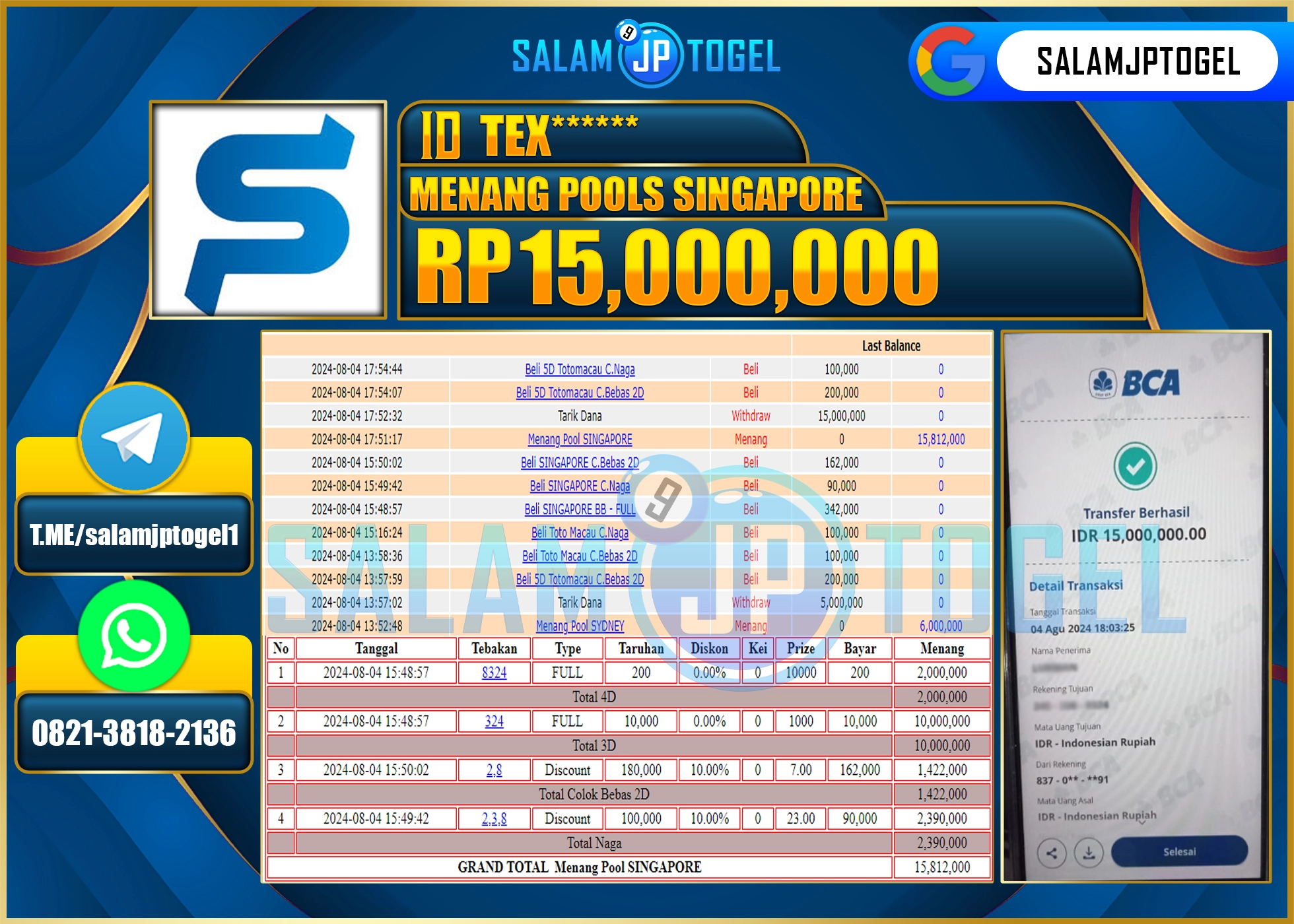 SALAMJPTOGEL MENANG POOLS SINGAPORE  RP. 15,000,000 LUNAS