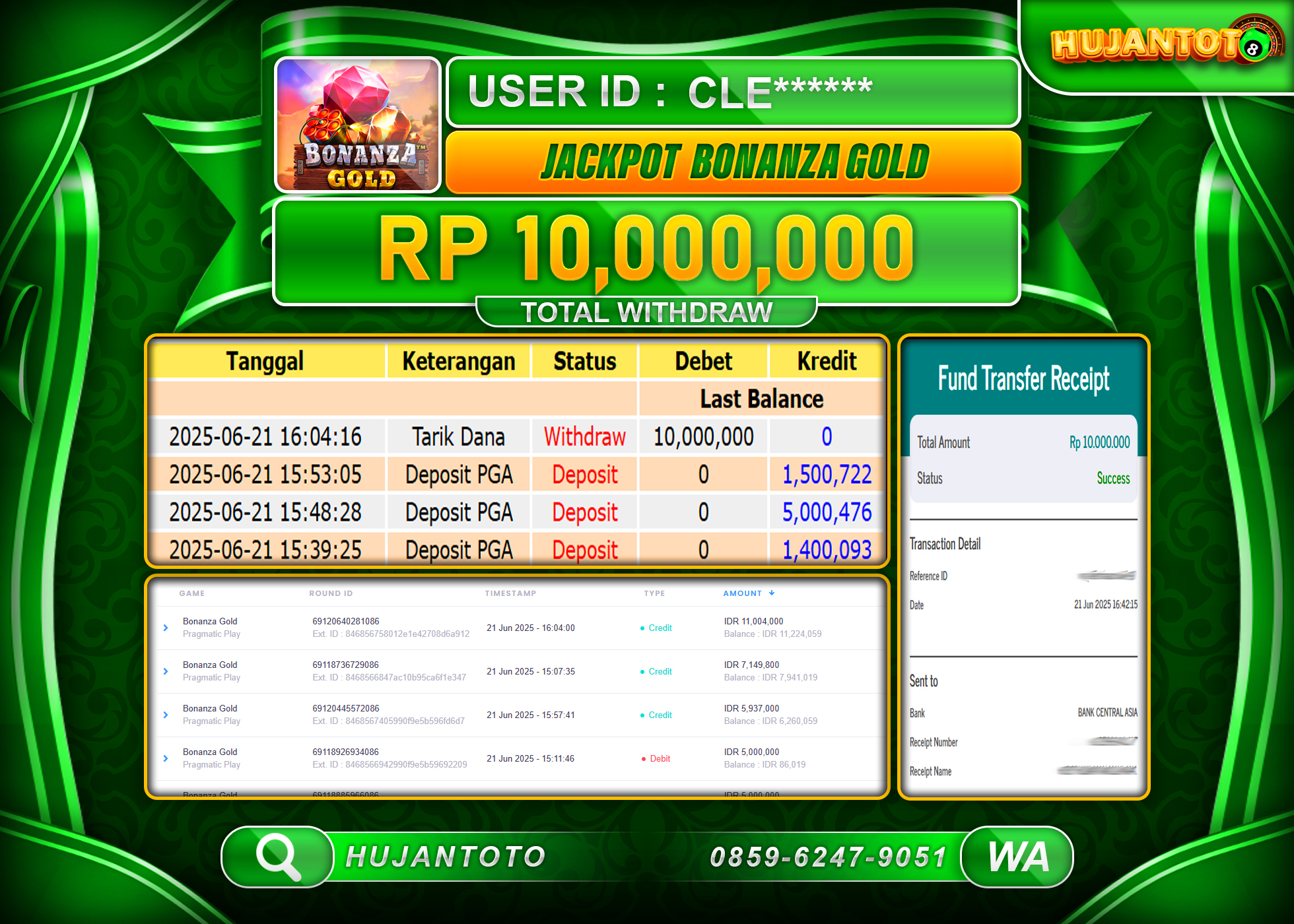 HUJANTOTO - BUKTI JACKPOT MENANG DI GAME SLOT BONANZA GOLD Rp.10,000,000  - TERBAYAR LUNAS