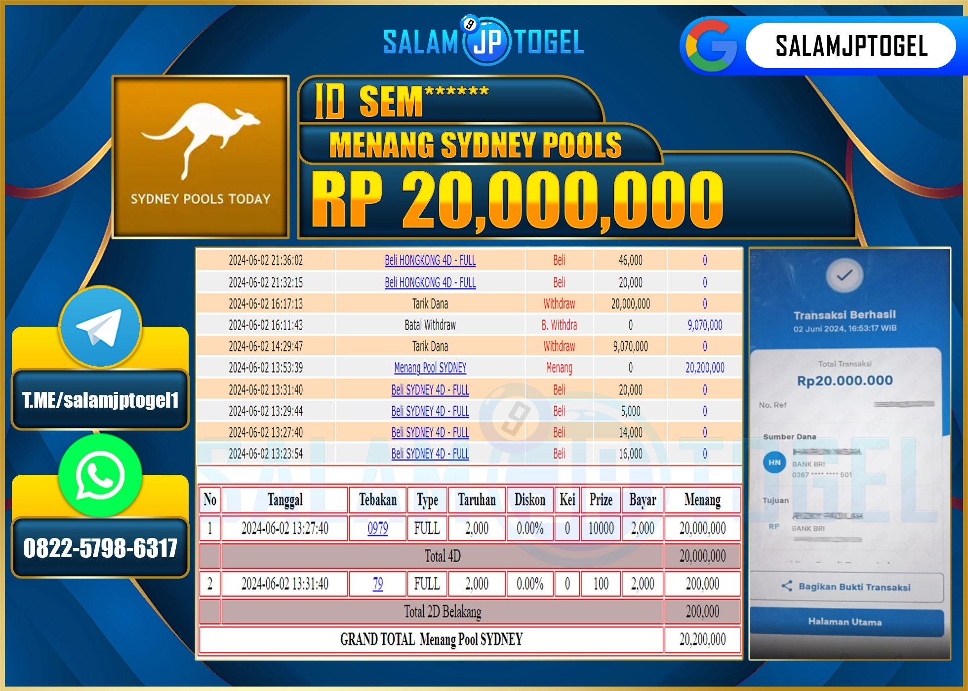 SALAMJPTOGEL MENANG SYDNEY POOLS RP. 20,000,000.,LUNAS