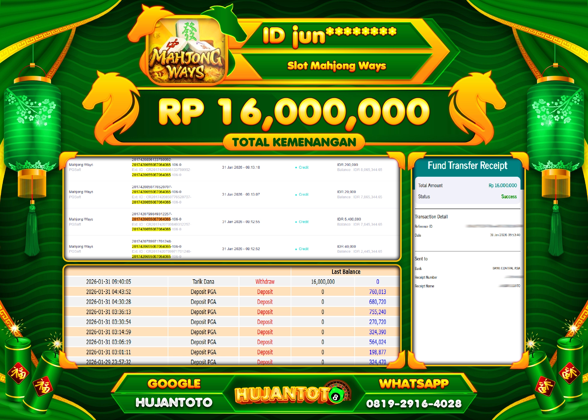 HUJANTOTO - BUKTI JACKPOT MENANG SLOT MAHJONG WAYS Rp.16,000,000 - TERBAYAR LUNAS