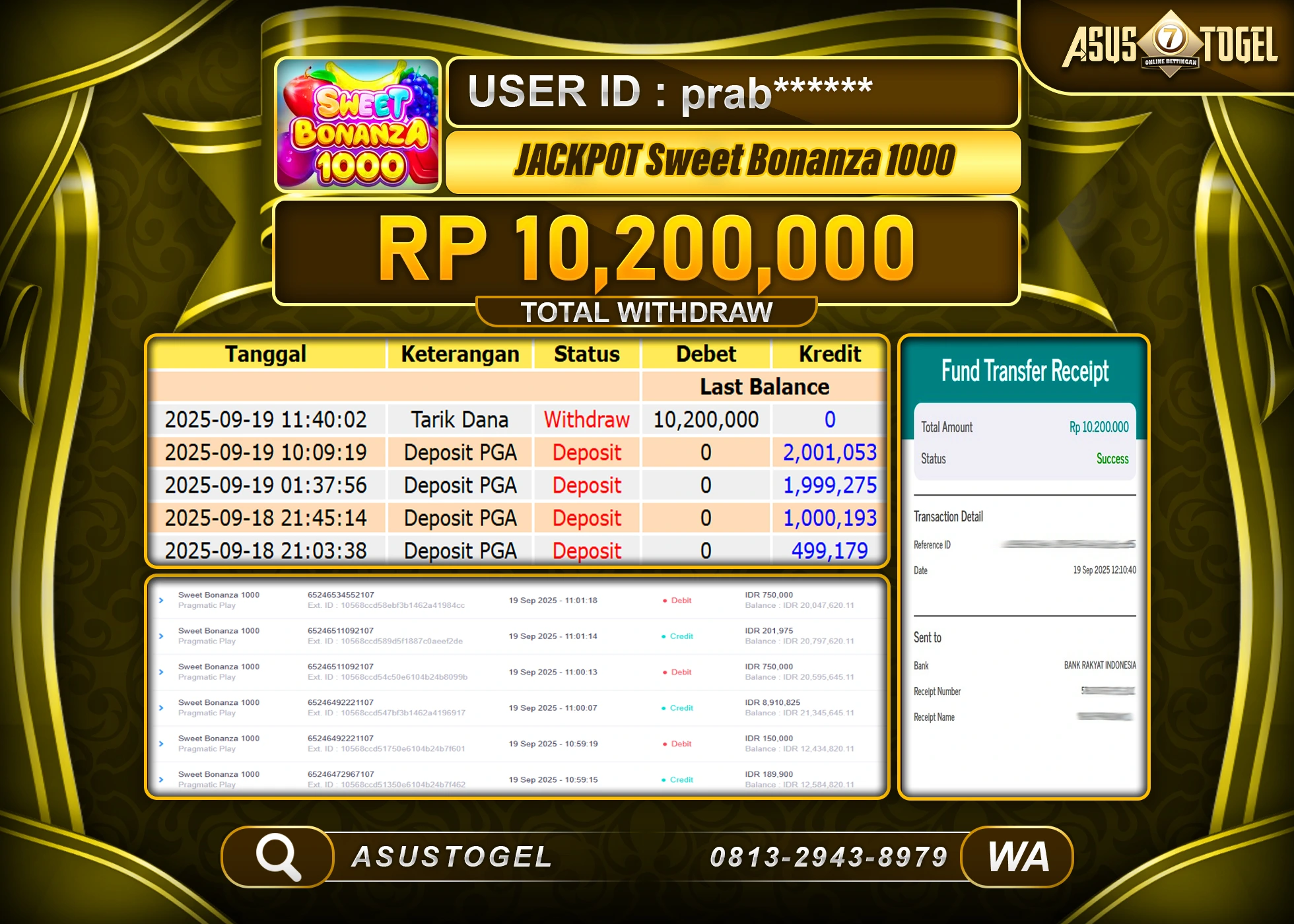 ASUSTOGEL KEMENANGAN DI SLOT SWEET BONANZA 1000 SEBESAR 10,200,000- RUPIAH LUNAS