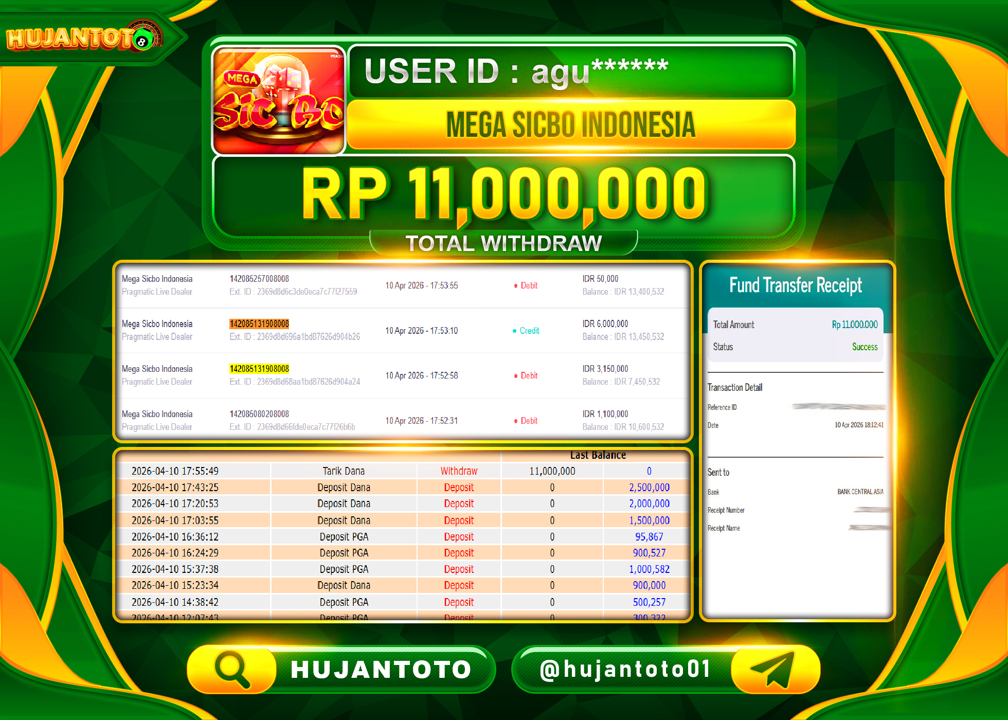 HUJANTOTO - BUKTI JACKPOT MENANG LIVEGAME MEGA SICBO INDONESIA Rp.11,000,000 - TERBAYAR LUNAS