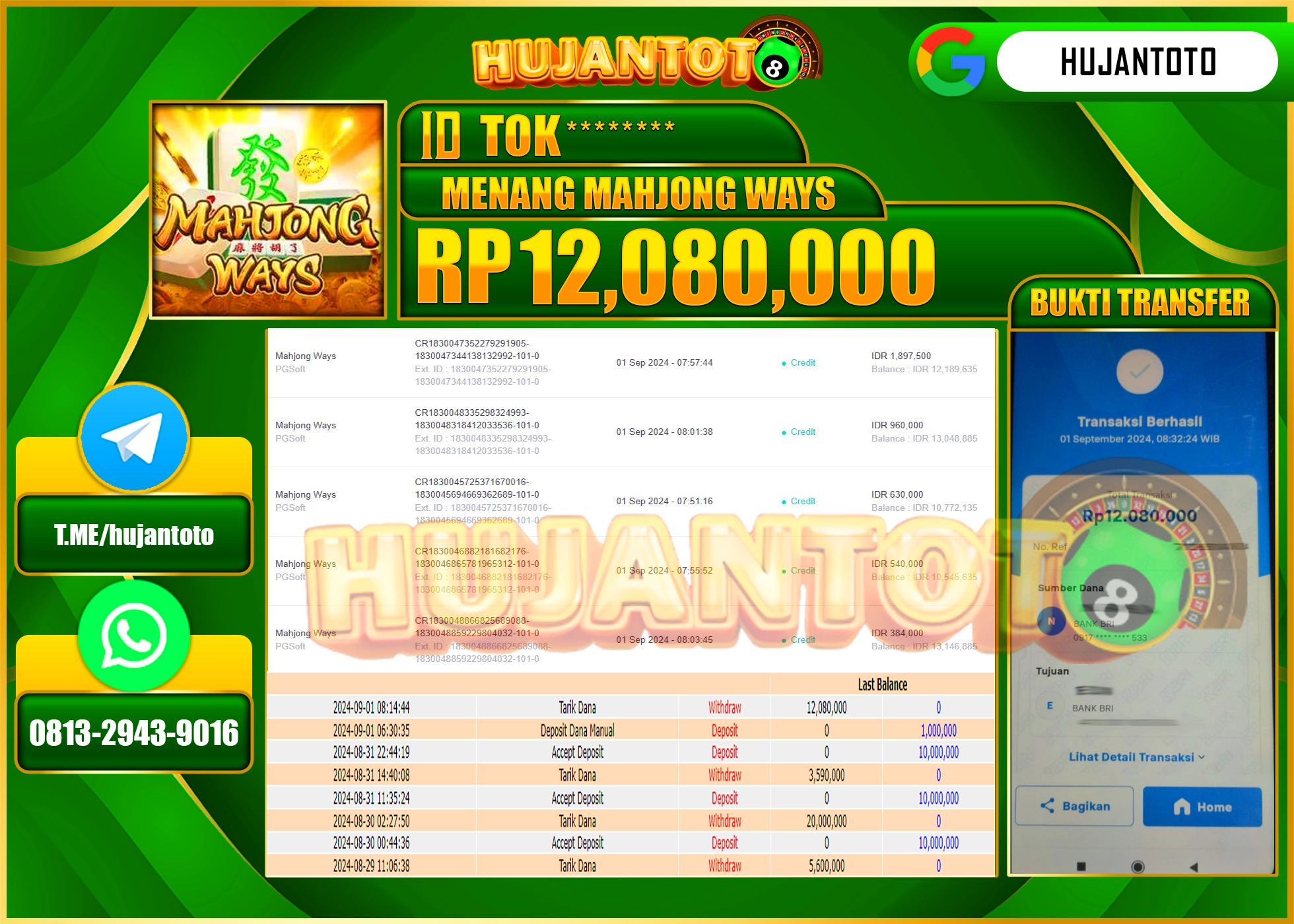 HUJANTOTO MENANG BESAR DI PERMAINAN SLOT MAHYONG WAYS ,  12,080.000 - LUNAS 