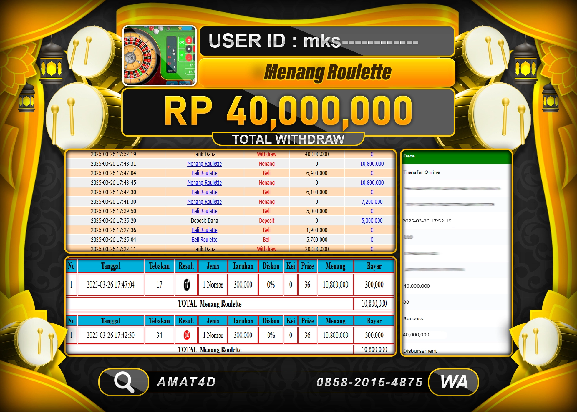 AMAT4D KEMENANGAN ROULETTE GAMES Rp.40.000.000 BERHASIL TERBAYAR LUNAS