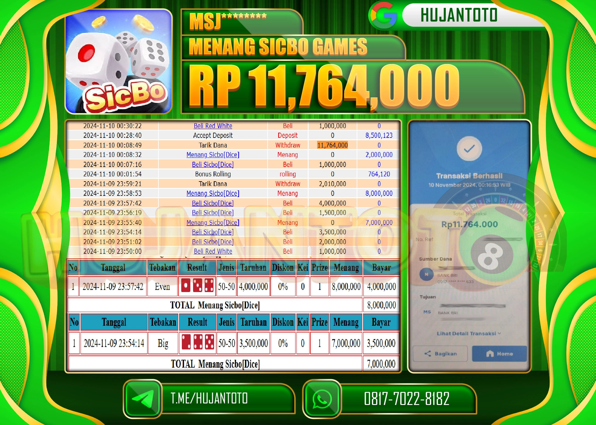HUJANTOTO MENANG DI PERMAINAN  DI RAIH SICBO LIVE GAMES SEBESAR - 11,764,000  - LUNAS